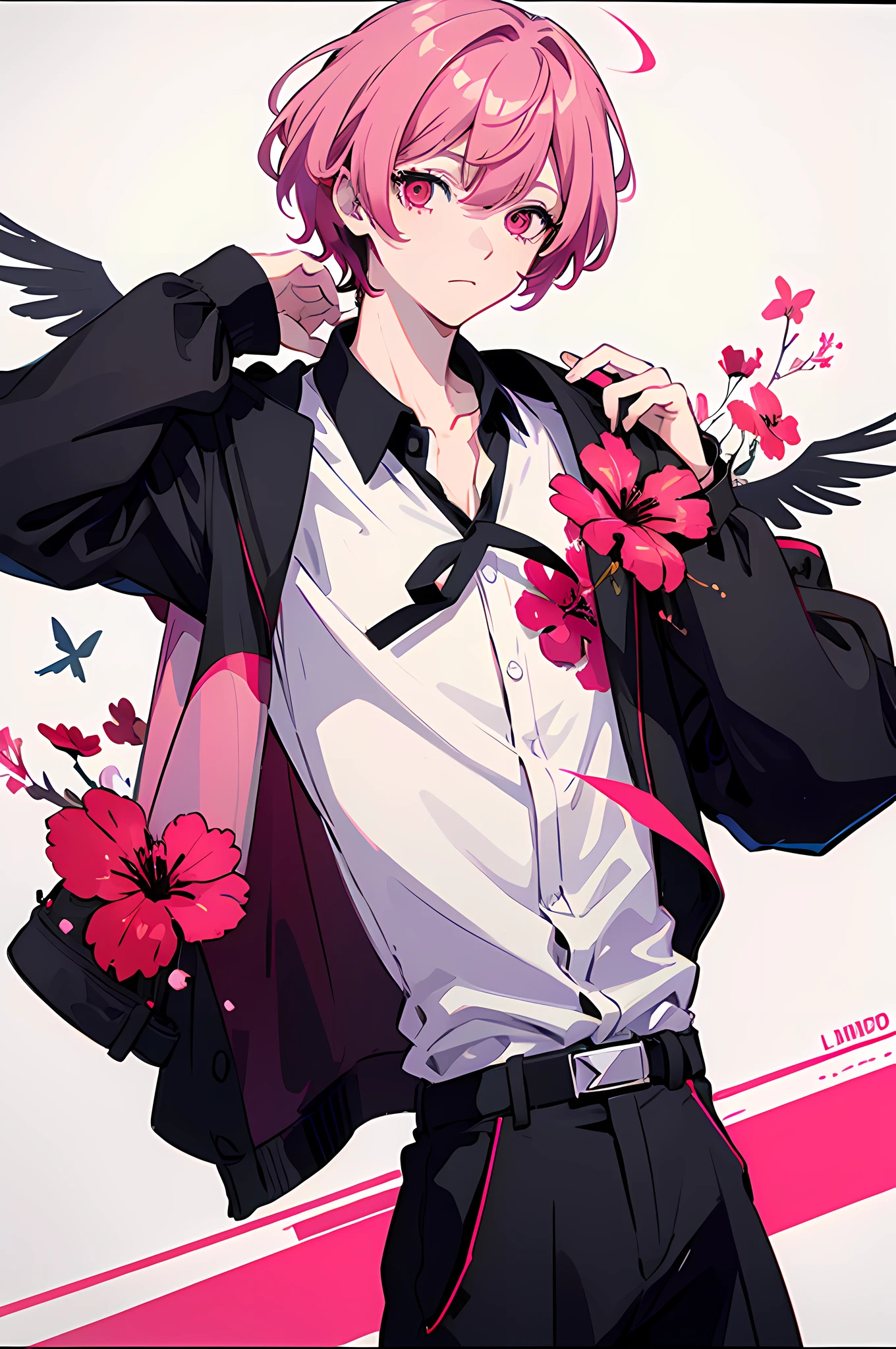 16k,quadratic element,Libido boy,Pink hair,White shirt inside,Black and red color scheme,Modern style,Background flying flowers