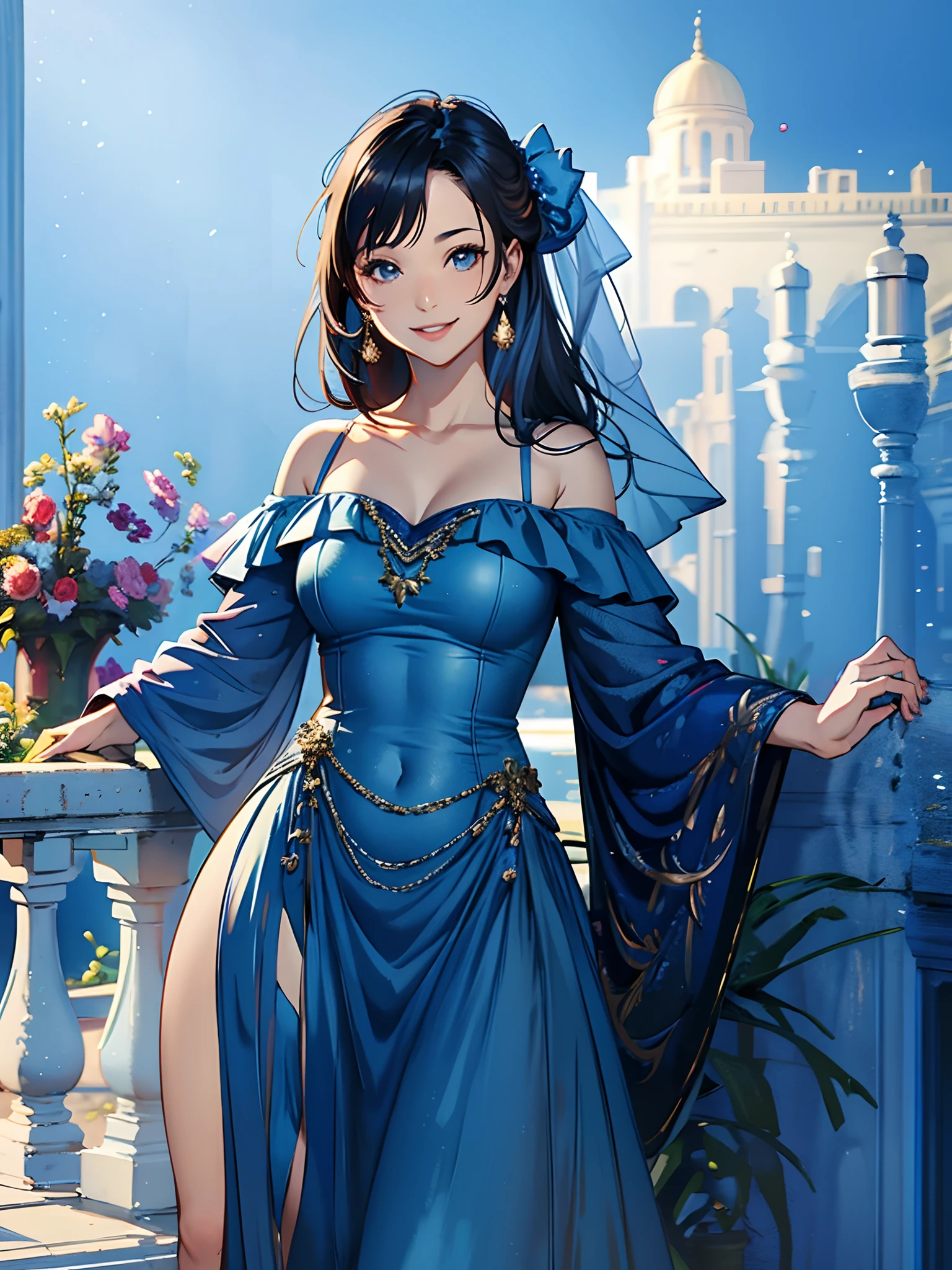 best quality, masterpiece, ultra high res, photorealistic, 1girl, offshoulder, smile