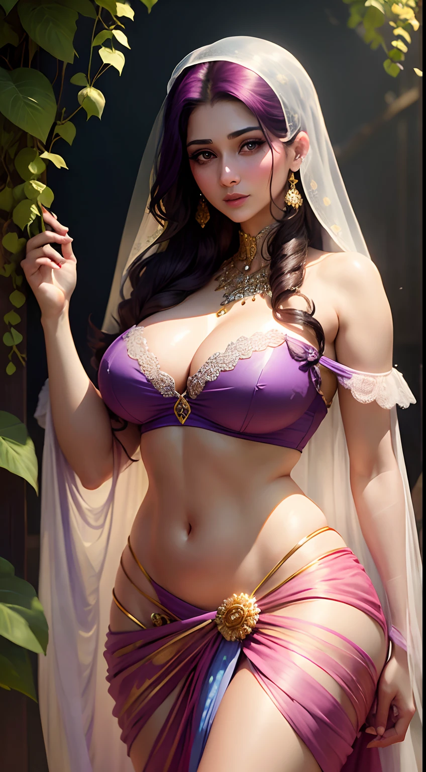 Maryam Nawaz Sharif, 26 years old , beautiful, fair, large breasts, heavy makeup, long eyelashes, eye mascara, wearing a strapless bra and a transparent sarong, very low worn sarong, pubic hair visible, crushing grapes, front view,  upper body image, standing in a vinyard