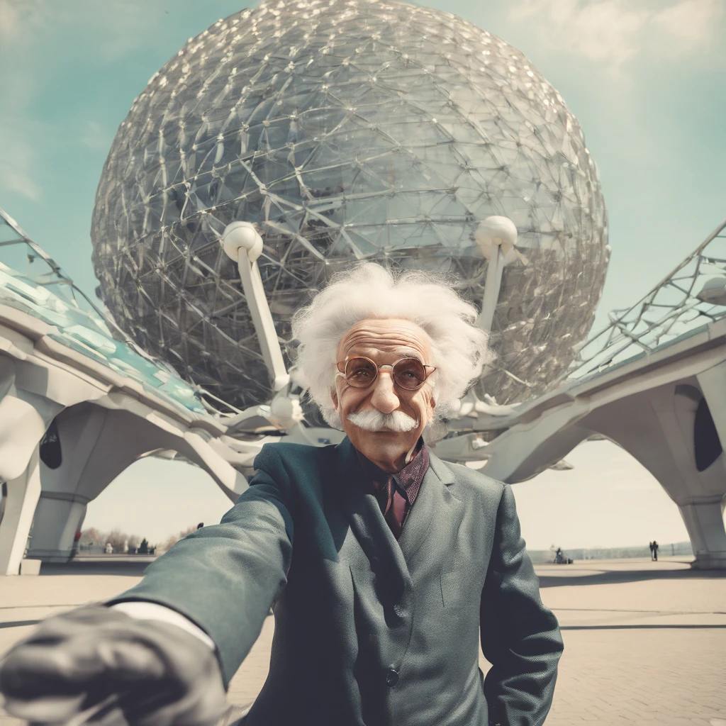 Einstein, taking a selfie in front of Atomium in Brussels, funny, smiling, polaroid