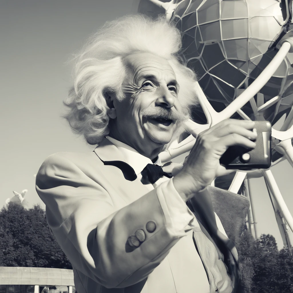 Einstein, taking a selfie in front of Atomium in Brussels, funny, smiling, polaroid