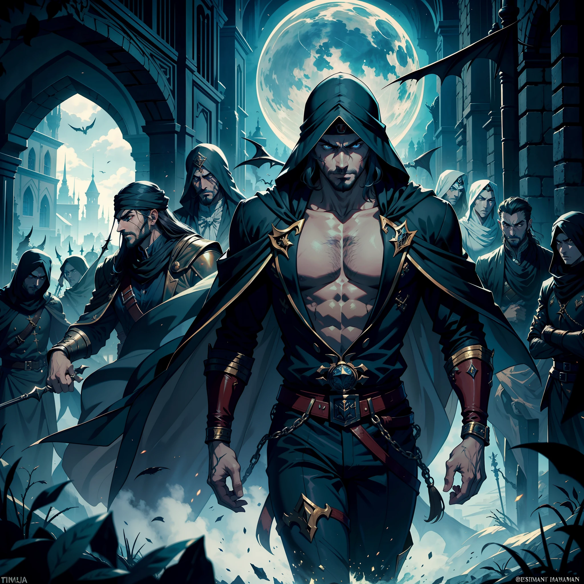 Castlevania, Le Seigneur des Ombres, Bel arabe, Man with Arab muscular face , Turban marocain, Legendary Face, fierce, hyper realistic, super detailed, Marocain, Beau seigneur arabe, muscle, Dracula, Diriger les troupes de Djinns, The Army in Combat, War of Aggression, Giant Demons, Very Scary Legendary, surrounded by demons and demons Very scary
