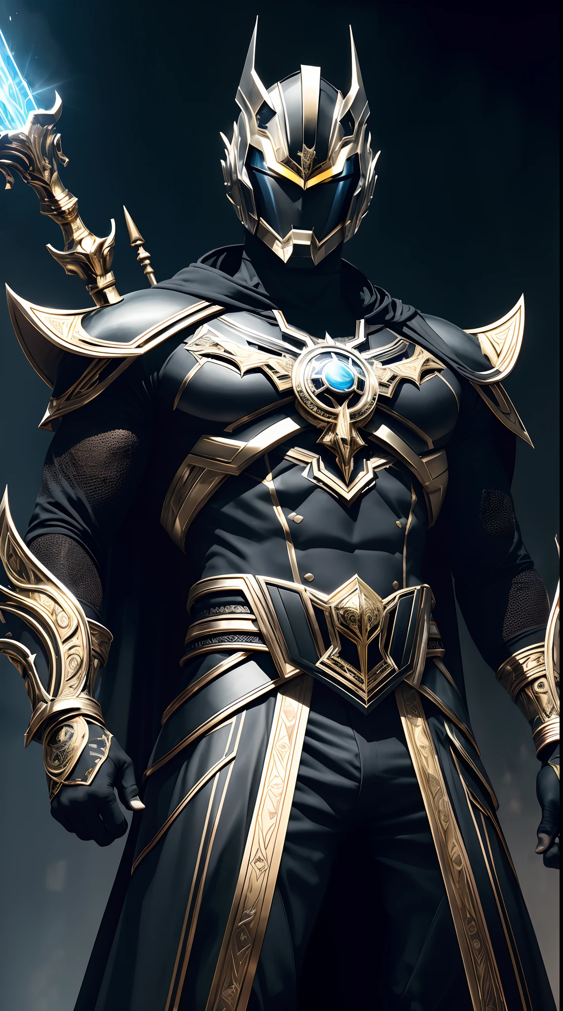 A Super Villain who wears black chrome armor that shines with shades of silver and gold, adorned with intricate details that evoke a futuristic aesthetic.  His helmet has a visor that hides his face, casting an aura of mystery.  On his chest, a clock-shaped emblem represents his dominance over time.  He wields a technological scepter that radiates temporal energy, adding an imminent threat to his presence.  His erect, confident posture reflects his determination to achieve temporal supremacy.