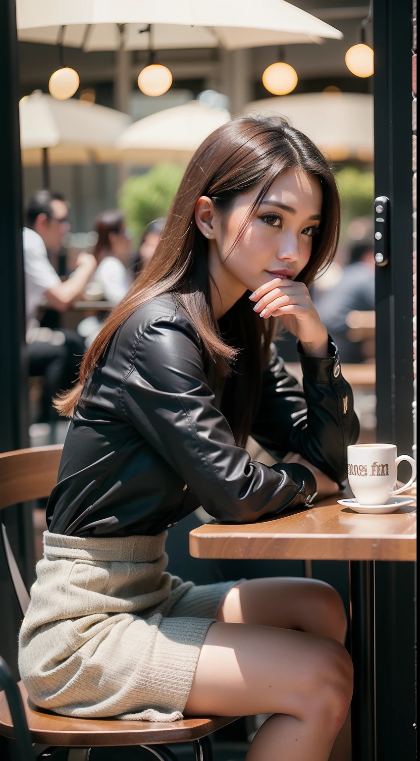 Design a stylish café scene with the Malay girl, dressed in a fashionable casual outfit, enjoying a cup of coffee at a trendy café, highlighting her petite frame and her outfit's attention to detail