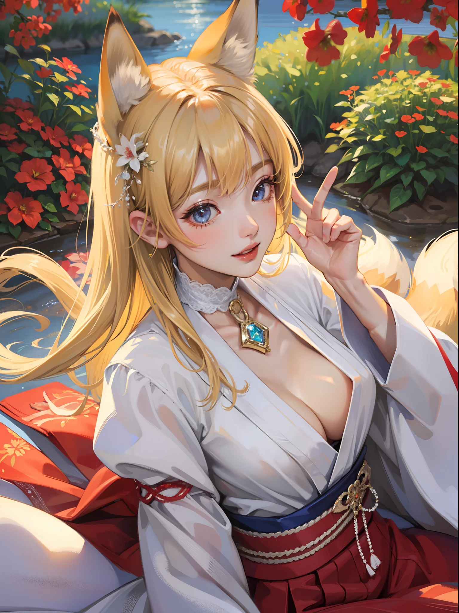 masutepiece, High resolution, 8K, anime woman, Delicate and detailed writing 、Detailed digital illustration、Very long hair and shiny、a very beautiful woman、Eyes are double, Large, Slender eyes、Bust is D cup、High image quality, High quality、Detailed background、I'm wearing a hair ornament.、Glittering background、The inside of the eye shines like a diamond、4 fingers, 1 thumb、Detailed female face、Smile、Very beautiful and cute woman、a blond、Fox ears、细致背景、​masterpiece、Soft Focus , Bright gradient watercolor , Lens Flare , Glitter , Glow , Dreamy ,Red kimono、Background of the flower garden、Colorful rainbow flowers、Clear sky background、in woods、I'm grateful、Holding a fox