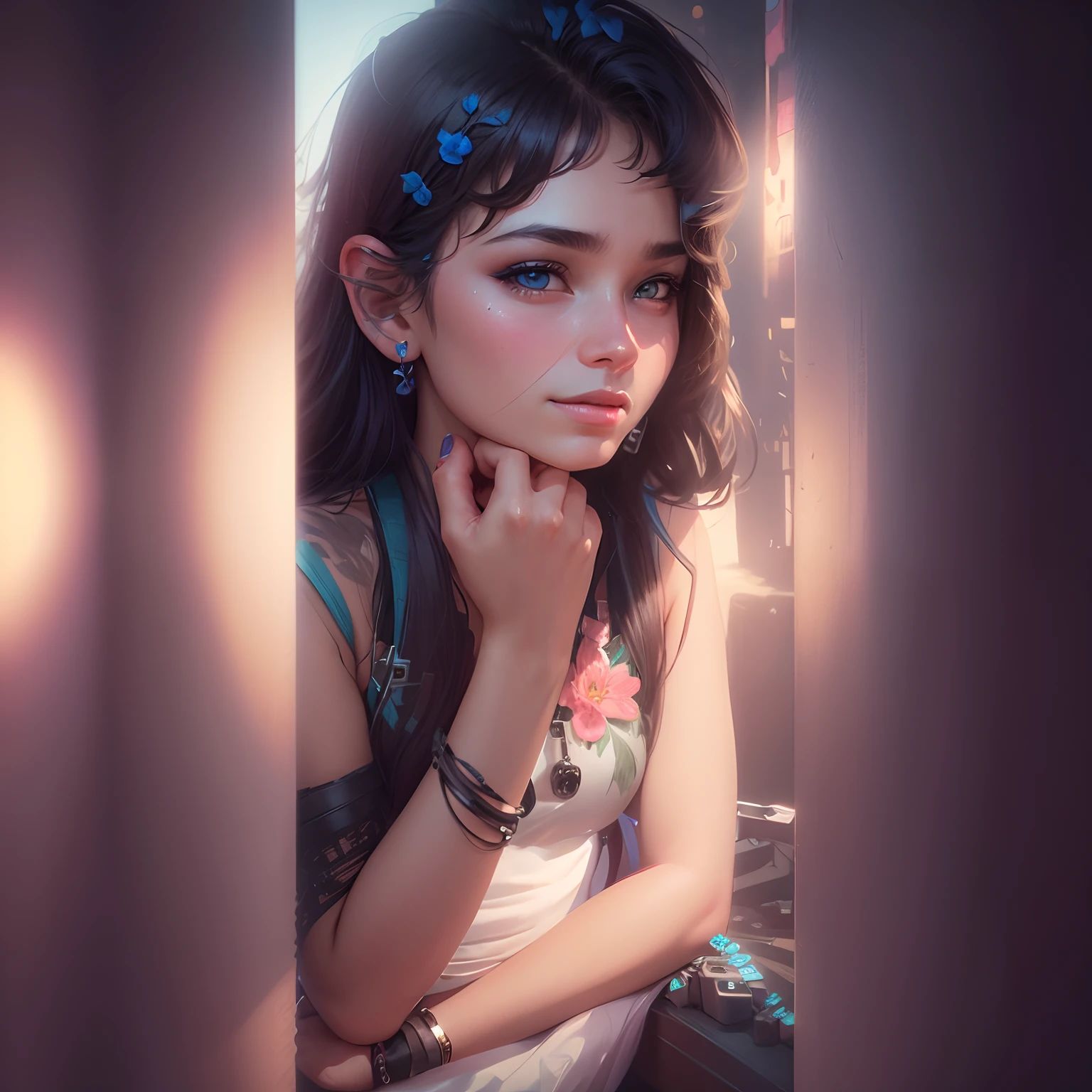 Flowers Background change cuberpunk cute girl realistic face, 8k, realistically, cinematic high details