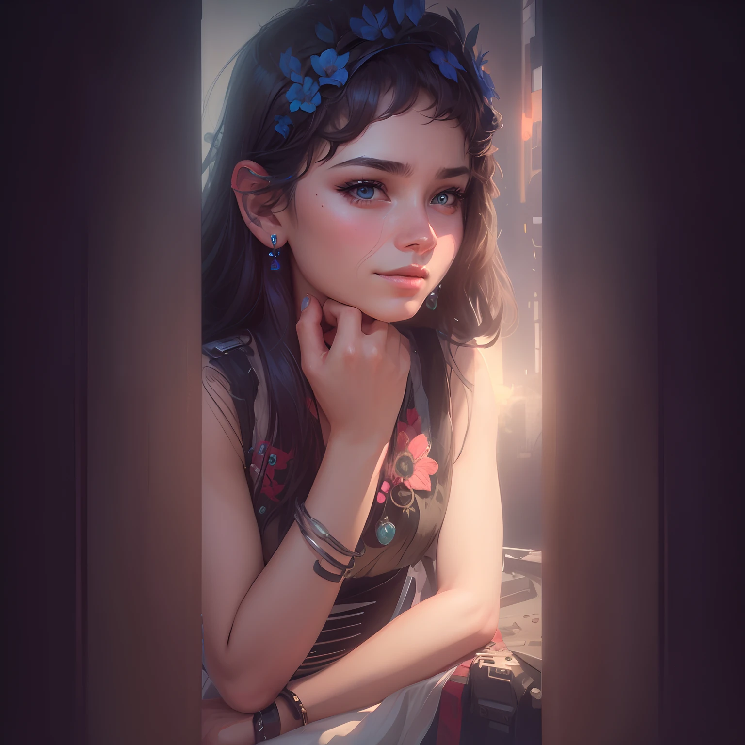 Flowers Background change cuberpunk  cute girl realistic face,  8k,  realistically, cinematic  high details