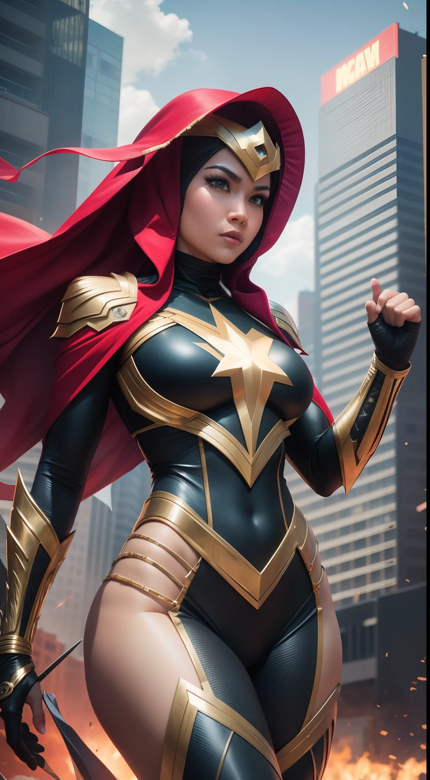 Create an action-packed superhero scene with the Malay woman dressed as a powerful character from the Avengers, using her superpowers to save the day in a dynamic cityscape