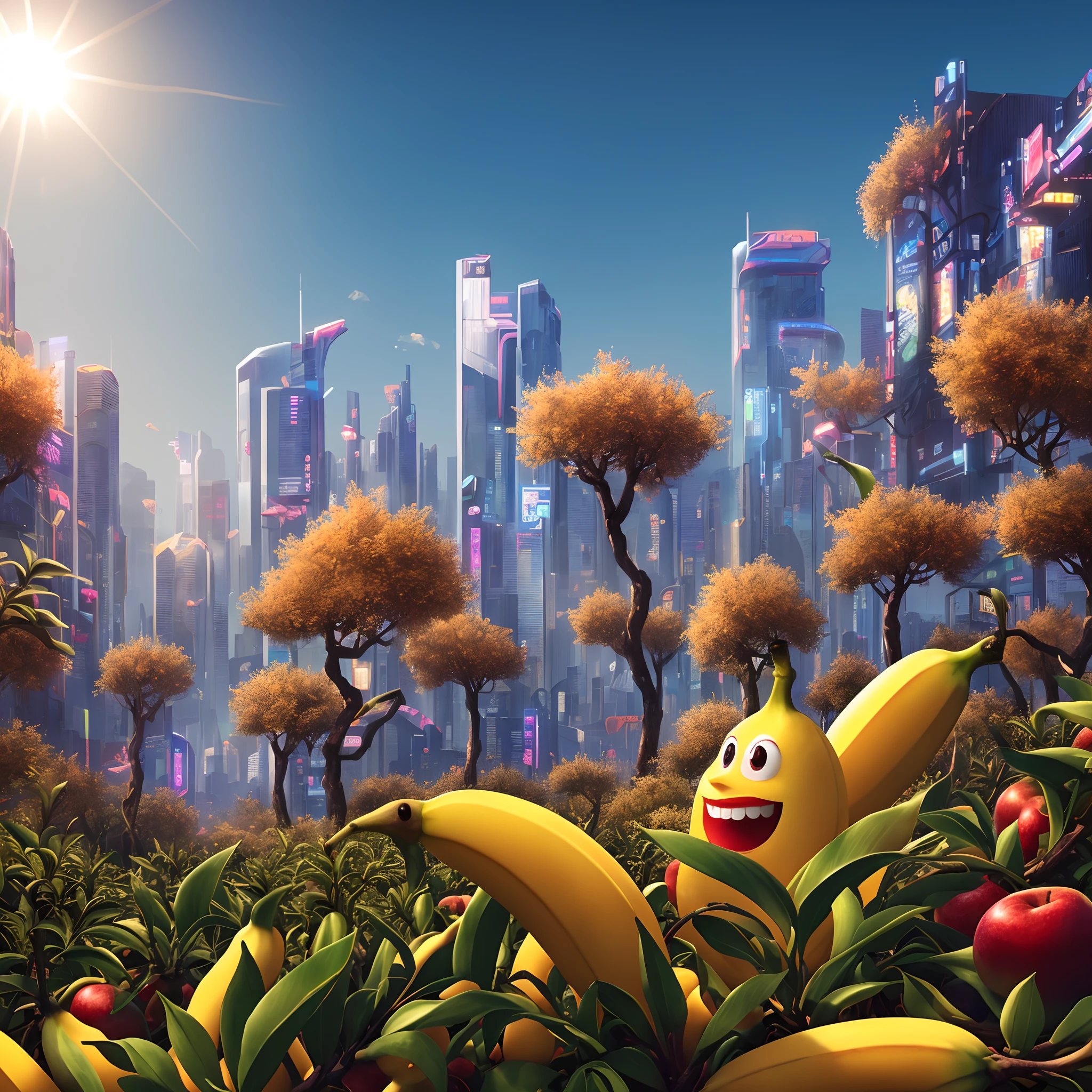 A vibrant, sunlit orchard filled with happy, animated fruits of all kinds, and at the center of it all, Benny the Banana with a big smile, slick design cyberpunk, stunning gradient colors, stylized, smoke, fire, (extremely detailed CG unity 8k wallpaper), (best quality), (best illustration), (best shadow), absurd res, realistic lighting, beautiful detailed glow