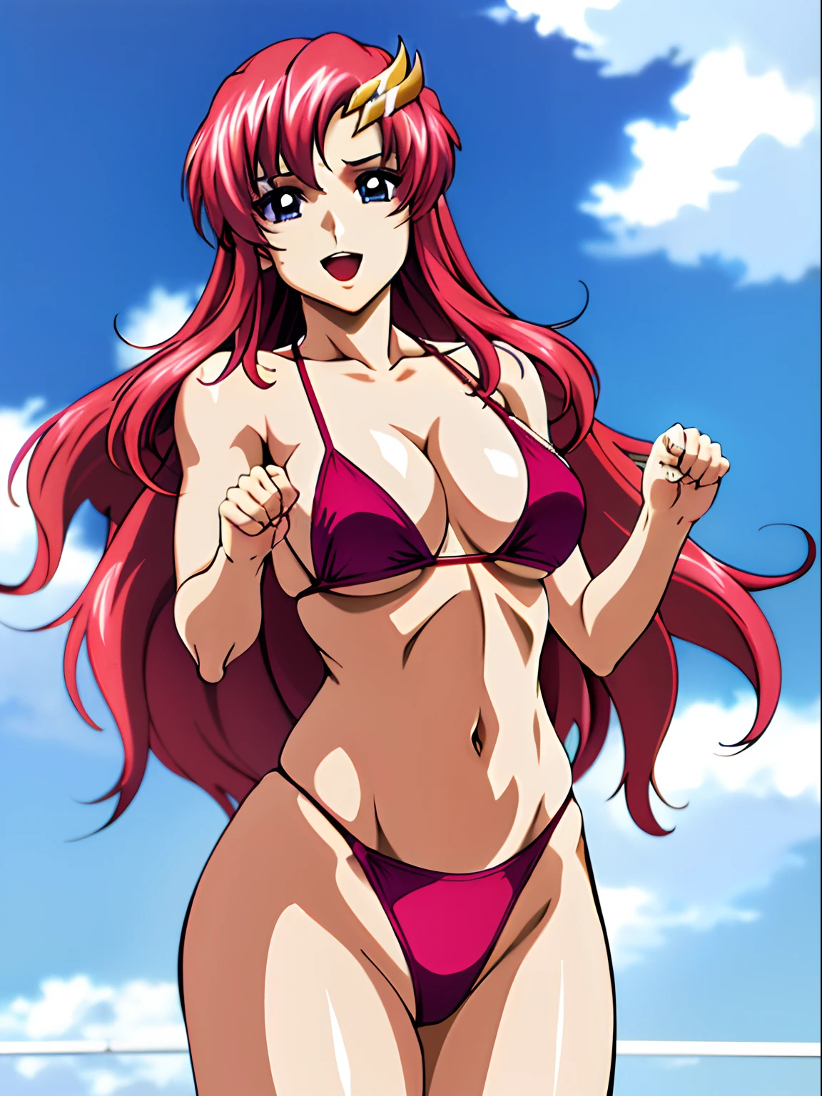 (masterpiece, far view, 4K, Best Quality, Anime style: 1.9,, Adult Woman, ultra detailed face, (cloud background, wrestling), Drawing lines, high resolution, Anime, lacus4), 1girl, Solo, curvy figure, Long hair, 鎖骨, scapular, (Detailed wide hair bangs, Hair Ornament, Detailed reddish-pink hair, golden crest), cleavage, large hands, (female wrestler). (Big blue eyes, shiny eyes), ((female wrestler, little biceps, slender body, broad shoulders, closed fists)), ((perfect proportions, medium breasts, long belly)), (((micro bikini, pink wrestling gear, champion))), happy, smile, open mouth, (belly dancing, looking at the viewer), , showing off underarm, (elegant lady), random pose,