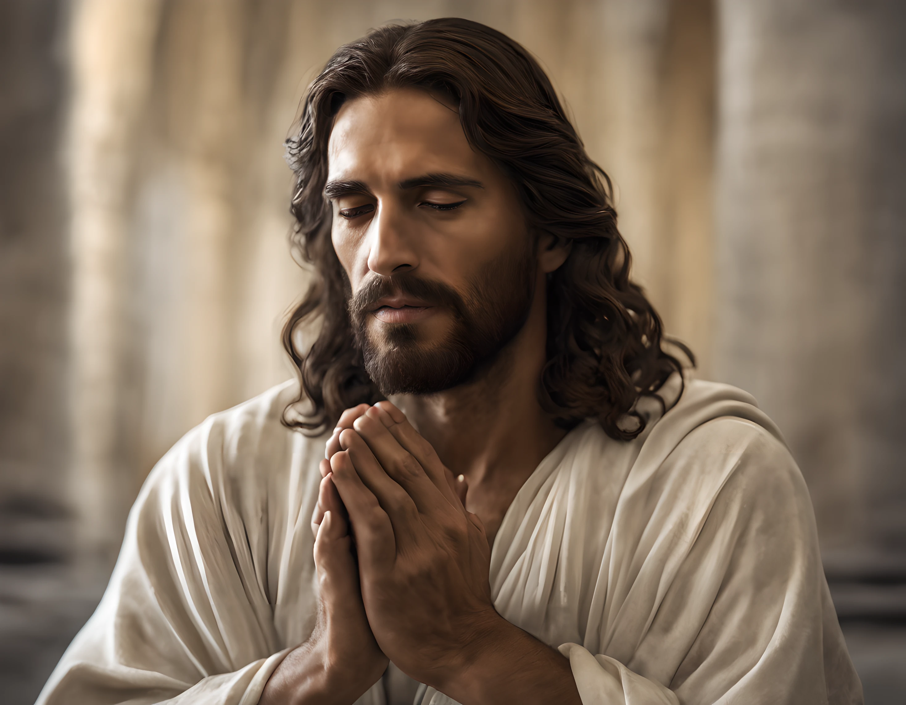 "Criar uma imagem de Jesus no perfil, depicted in the act of prayer with hands clasped."(simetria), centrado, um ((close)) retrato acima, (Jesus), um homem branco muito fino com cabelo longo e barba, vestindo um longo manto branco, 35mm, pele natural, detalhe da roupa, textura 8k, detalhes insanos, detalhes intrincados, hiperdetalhadoaltamente detalhado, realista, soft  Cinematic Light, HDR, foco nítido, ((((cinematic look))), intrincado, elegante, altamente detalhado,com olhar de autoridade,with faith