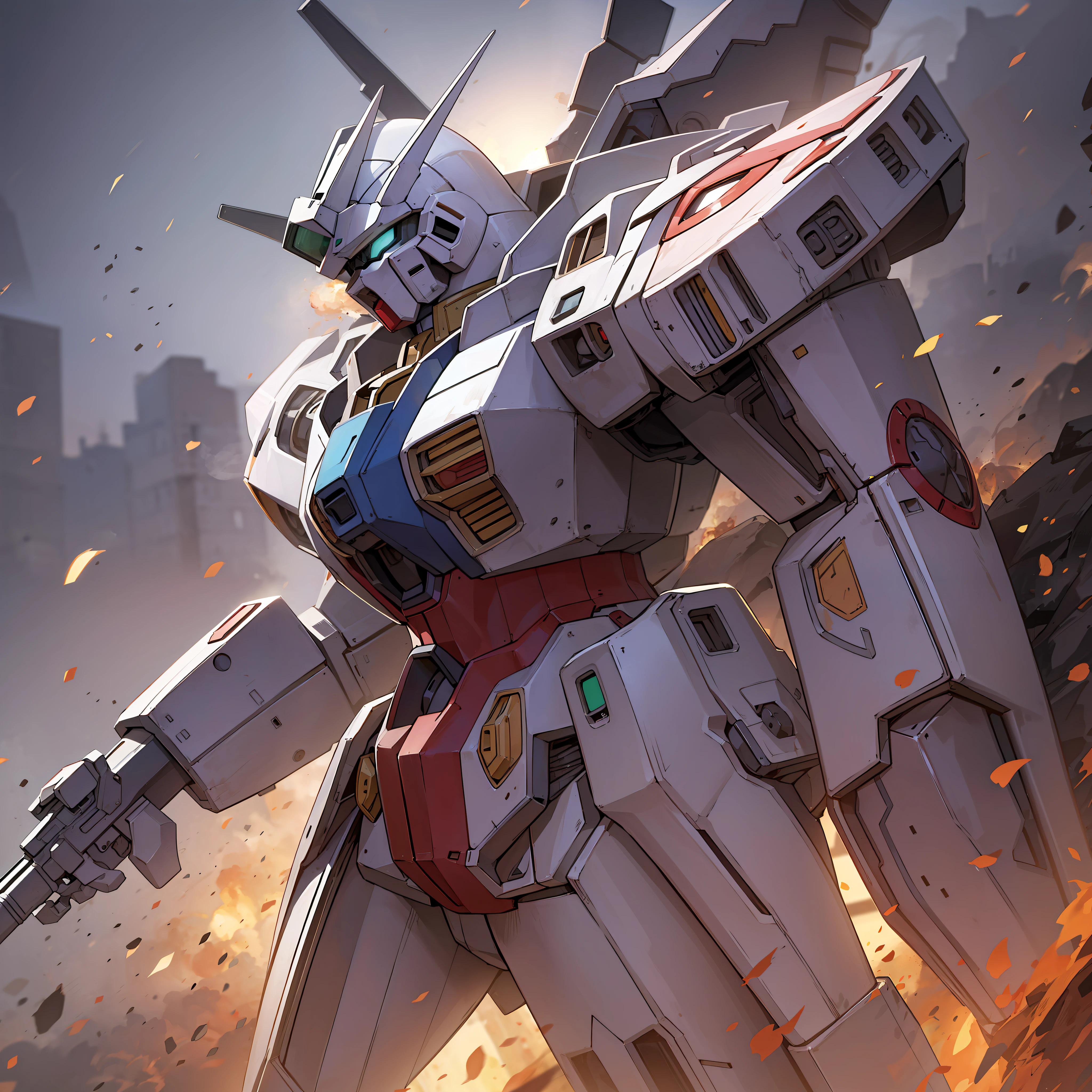 Masterpiece, best quality, 8K wallpapers, armed Gundam standing in the smoke