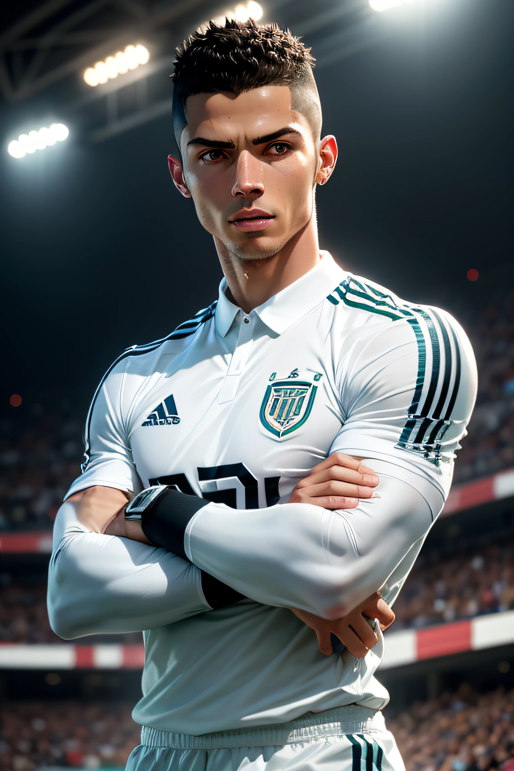 araffed soccer player in white uniform standing in front of a soccer ball, soccer player cristiano ronaldo, cristiano ronaldo, portrait of cristiano ronaldo, the best ever, looking threatening, ronaldo luis nazario de lima, ronaldo fenomeno, cristiano ronaldo realistic image