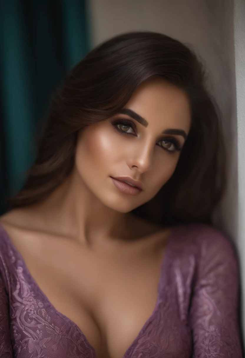 Arafed woman completely , fille  aux yeux bruns, ultra realist, Meticulously detailed, very pretty , cheveux bruns et grands yeux, selfie of a young woman, Dubai Eyes, Violet Myers, sans maquillage, maquillage naturel, looking straight at camera, Visage avec Artgram, Maquillage subtil, Great photo of the whole body kneeling on the bed, dans la chambre, Medium to large bust