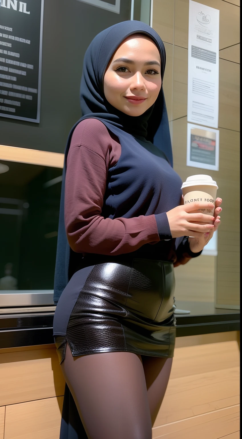 Design a stylish café scene with the Malay girl, dressed in a fashionable casual outfit, enjoying a cup of coffee at a trendy café, highlighting her petite frame and her outfit's attention to detail