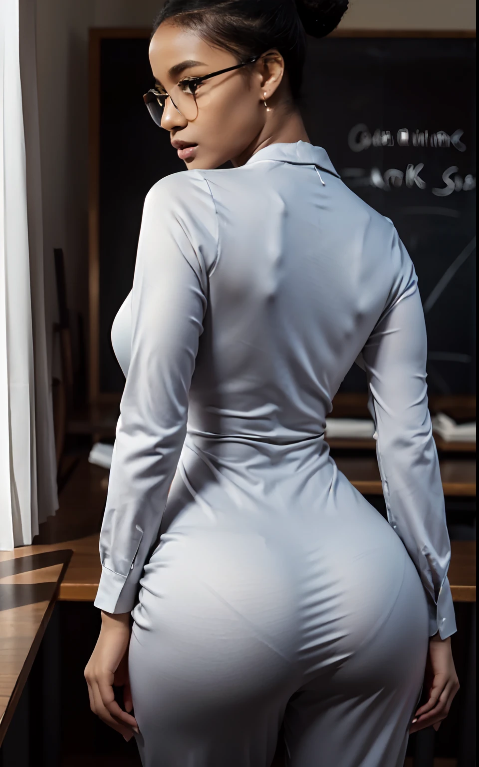 Masterpiece, ultra hd, 4k, high resolution detail, classroom background detailed, perfect lighting, sunset, 1 lady, solo shot, A afro ponytail lady,beautiful face detailed, eyes detailed, lips detailed, slender toned body, (thick thigh), (medium droopy breast), (rounded hips), (thick ass), perfect proportion and shape, seductive pose, back view, look at camera, fear face detailed, (long sleeve white blouse tucked in), ((grey tight shiny formal trouser)), dark skin , fair skin, ((glasses))