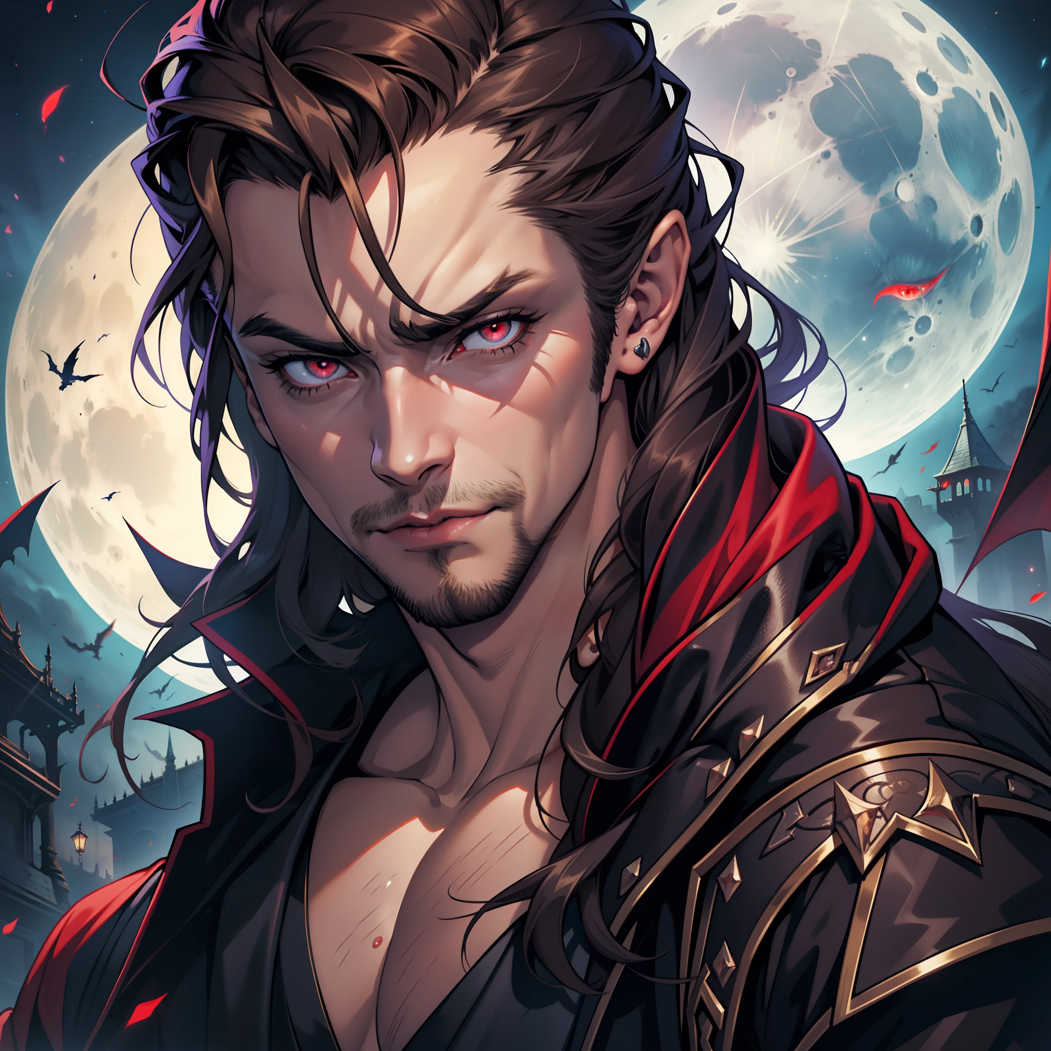 Castlevania Lord of Shadows hyper realistic super detailed face portrait zoom sexy red eyes crystal mast face scary proudce beautiful mature face 40 years muscular zoom on face man mature night scene Moon behind
