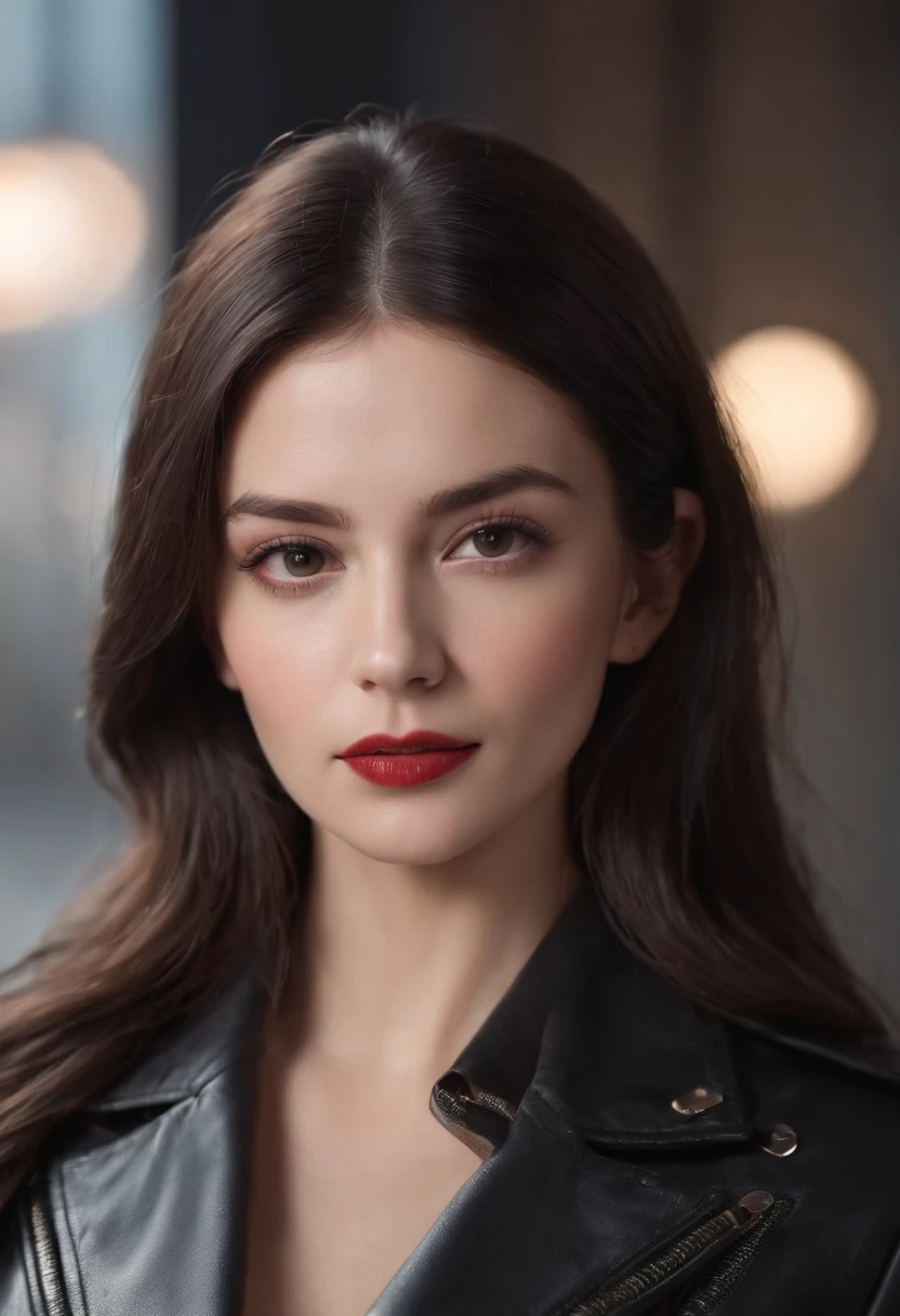 (8k, RAW photo, ultra high res, best quality, masterpiece:1.2), (realistic illustration), (realistic clothes, ultra realistic textile), (photorealistic, high quality, highres, night, natural beauty), sensual look, (real photo), (extremely detailed CG unity 8k wallpaper), absurdres, 21 young, german woman, serious look, tilting head, beautiful face, medium breasts, elegant long black hair, red leather jacket, black leather pants, berlin, GDR