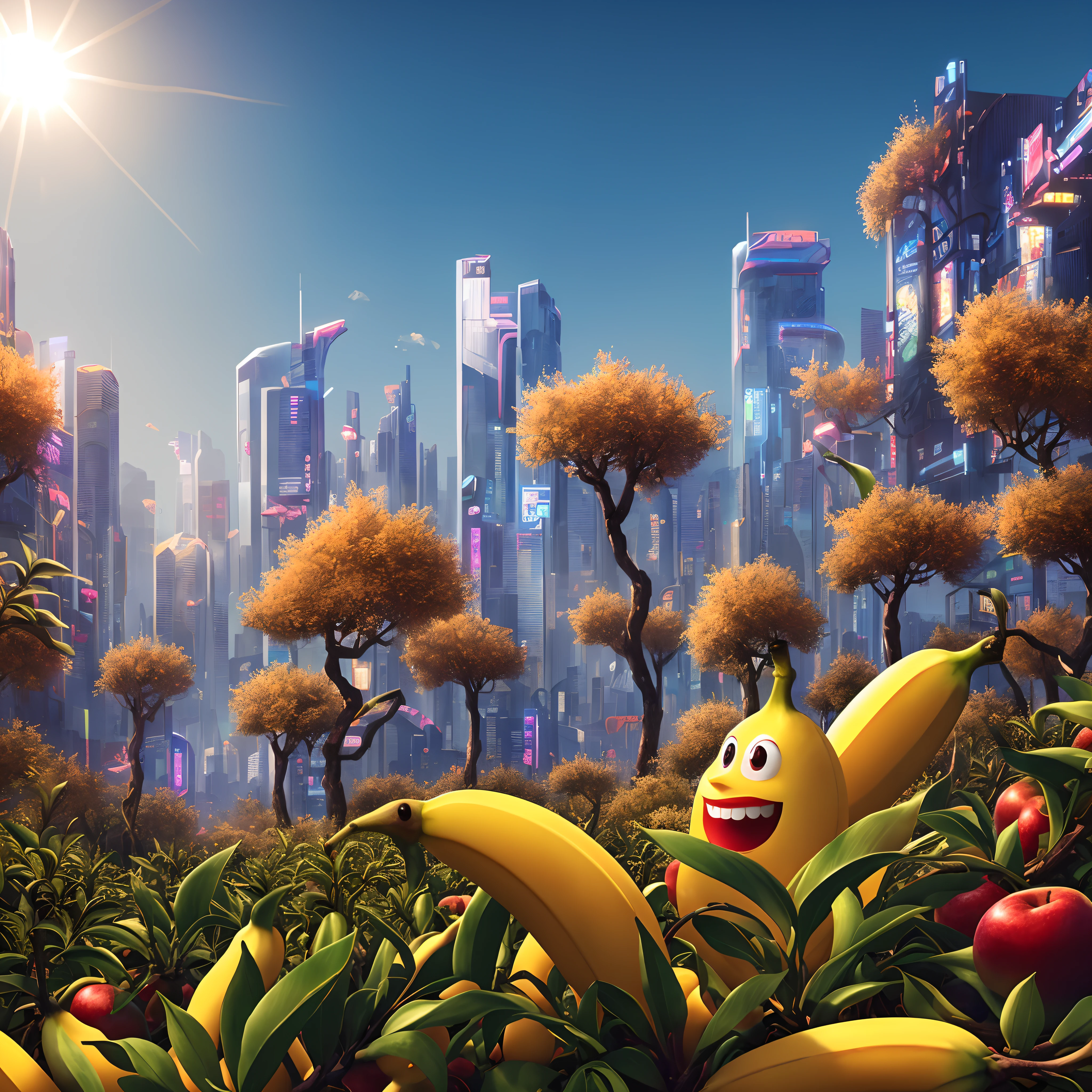 A vibrant, sunlit orchard filled with happy, animated fruits of all kinds, and at the center of it all, Benny the Banana with a big smile, slick design  cyberpunk, stunning gradient colors, stylized, smoke, fire, (extremely detailed CG unity 8k wallpaper), (best quality), (best illustration), (best shadow), absurd res, realistic lighting, beautiful detailed glow