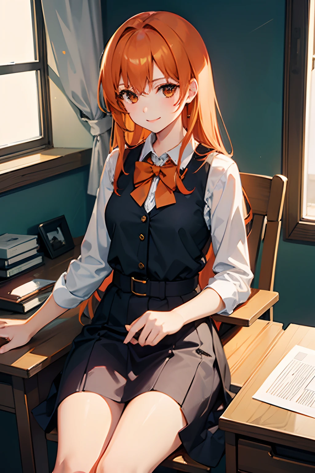 1 girl, solo, (an elegant college student), orange hair, orange eyes, long hair, sitting on a desk, flowing dress, smile