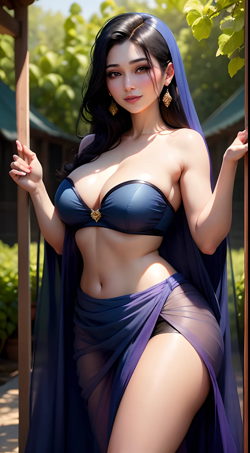 Maryam Nawaz Sharif, 26 years old , beautiful, fair, large breasts, heavy makeup, long eyelashes, eye mascara, black hair, wearing a blue strapless bra and a transparent sarong, very low worn sarong, pubic hair visible, crushing grapes, front view,  upper body image, standing in a vinyard, smiling