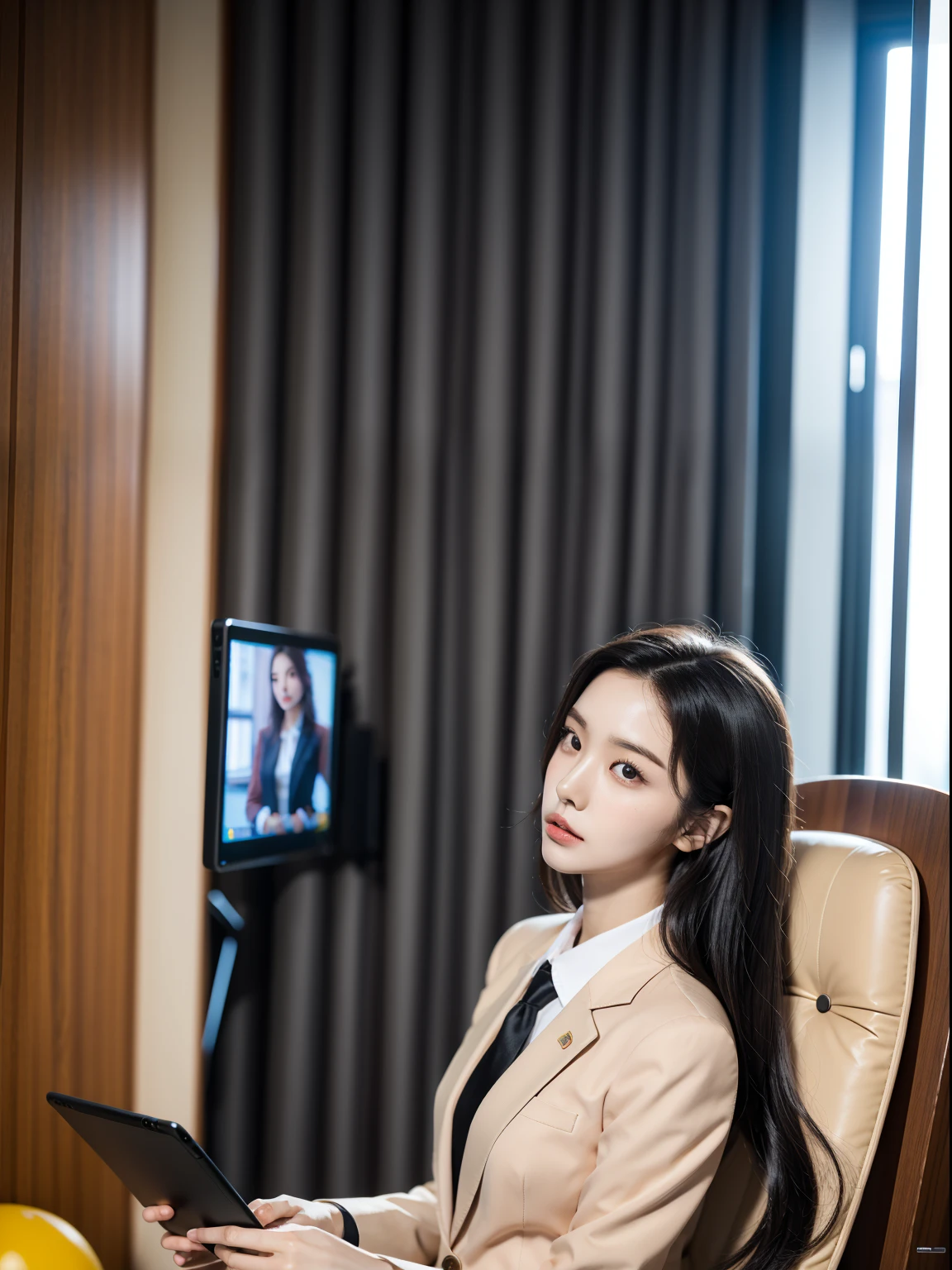 woman in a suit using a tablet computer in a room, working, sun yunjoo, still from a live action movie, park shin hye as a super villain, full device, using a magical tablet, iu lee ji-eun as a super villain, profile pose, [ realistic photo ]!!, shin min jeong, serious business, lazy, elegant look