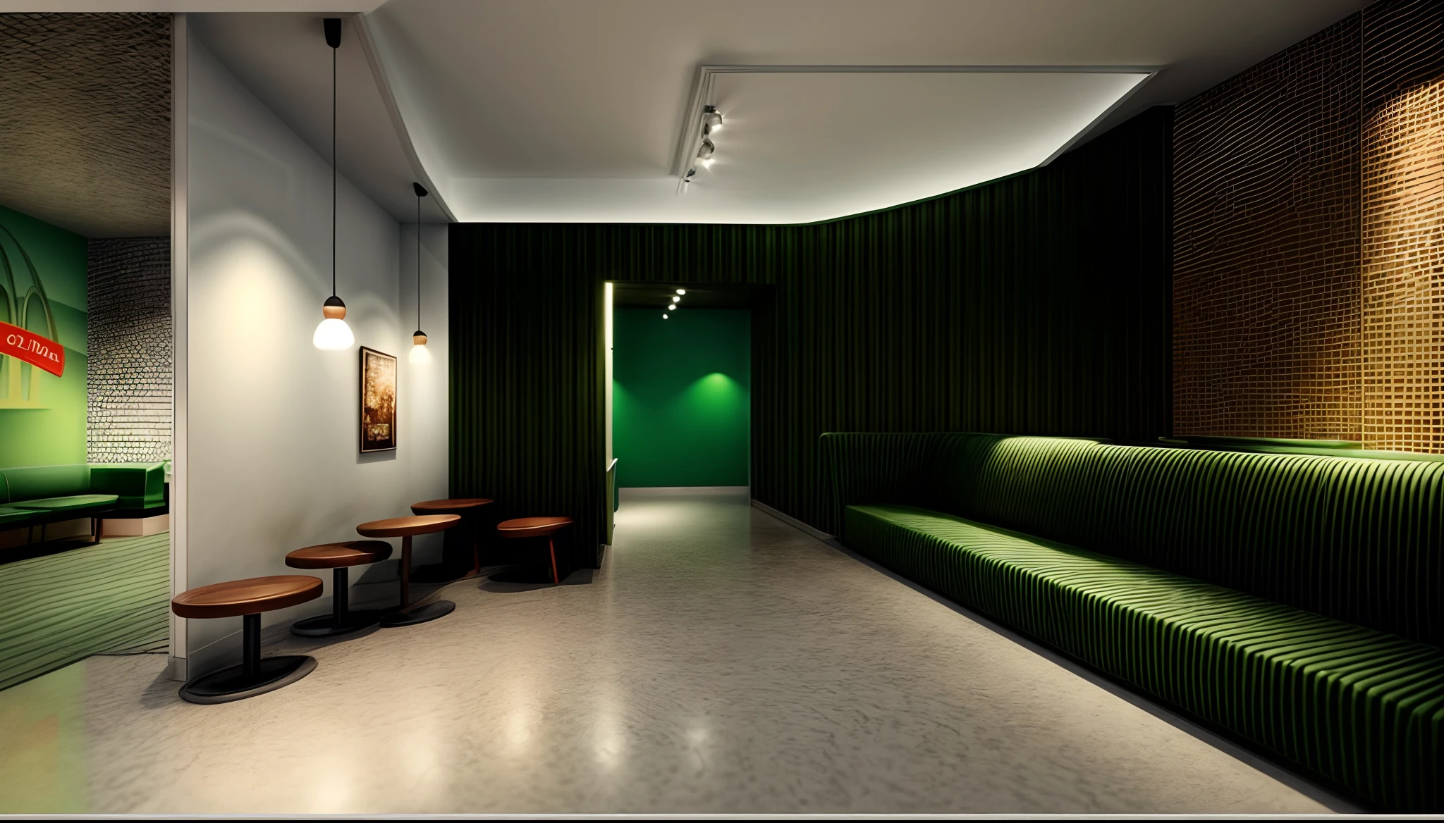 There is a long hallway with a green sofa and a picture on the wall, digital rendering, conceptual, Artistic impression, a digital rendering, cafe interior, renderizado brillante, D render, Renderizado 3D, Renderizado 3D, Imagen conceptual, artistic render, Warm and cheerful atmosphere, Conceptual representation, Renders 3D, photo render, concept illustration, Patio de comidas, Fondo interior de McDonalds