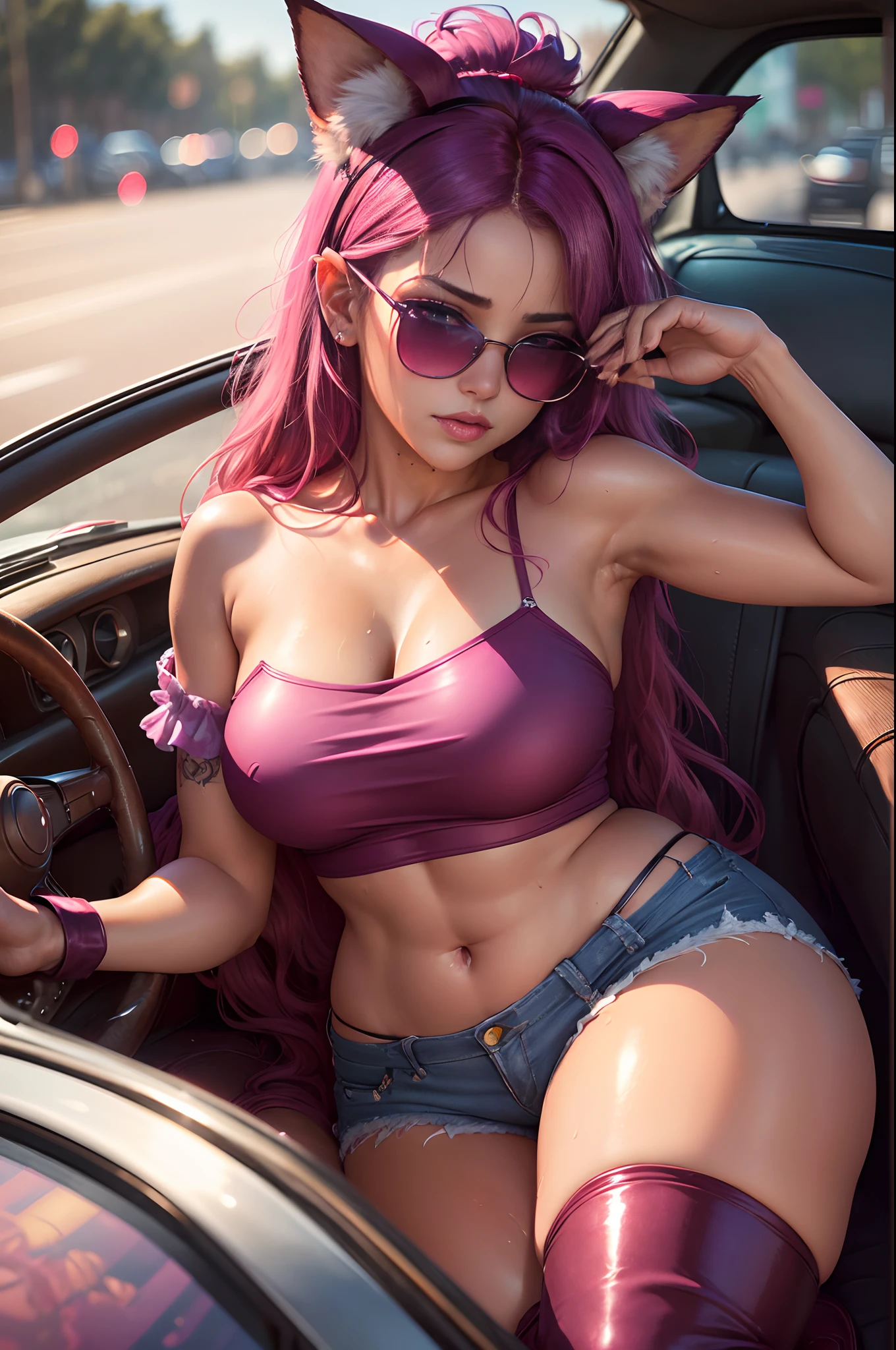 (detailed beautiful eyes and detailed face, masterpiece side light, masterpiece, best quality, detailed, high-resolution illustration), best quality, ultra detailed, extremely detailed, (masterpiece:1.1), high quality, (highres), (2 females driving), ((Inside car background, red antique car, engine), neon light, night sky), ((driving, sitting in car seat, beautiful woman, shiny skin, sweaty, dripping wet, curvy, tanned skin, shoulder flower tattoo, full body), (magenta hair, pink colored eyes, magenta fox ears, sunglasses on forehead, thigh highs boots, jean shorts, blouse))