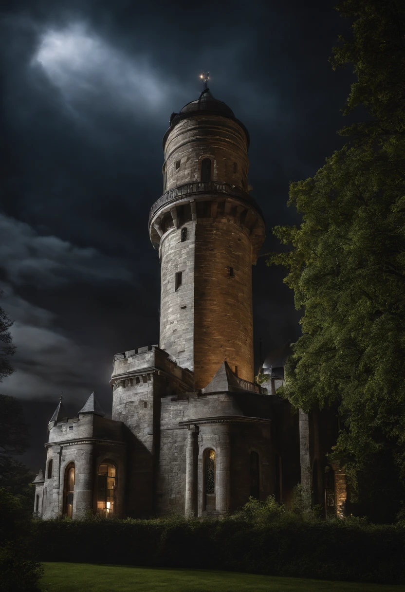 an award winning picture, RAW, Photograph magazine quality, photorealism, picture of a goth castle that a massive planetarium telescope comes out one of its towers, at night, you see the goth castle and (planetarium's telescope: 1.5) an epic sized (telescope: 1.3), many windows, some windows, are lit, the building stands on a grassy hill, the Planetarium is built in a Goth castle, the telescope comes out of one of the towers, its night time and its stormy, there is lightning in the sky, no moon, but many stars in the sky, dynamic background 16K, RAW, ultra wide shot, photorealism, depth of field, hyper realistic,