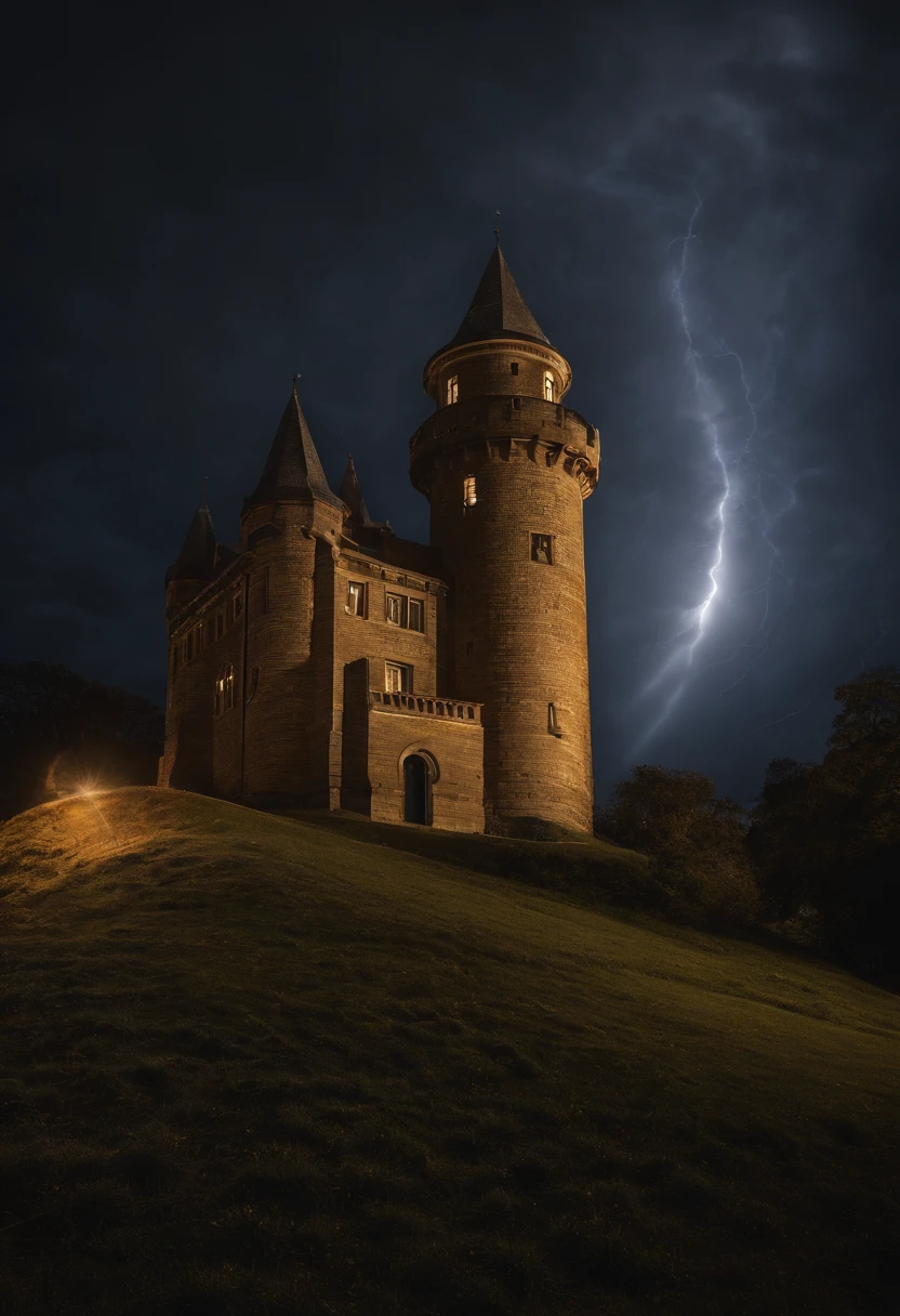 an award winning picture, RAW, Photograph magazine quality, photorealism, picture of a goth castle that a massive planetarium telescope comes out one of its towers, at night, you see the goth castle and (planetarium's telescope: 1.5) an epic sized (telescope: 1.3), many windows, some windows, are lit, the building stands on a grassy hill, the Planetarium is built in a Goth castle, the telescope comes out of one of the towers, its night time and its stormy, there is lightning in the sky, no moon, but many stars in the sky, dynamic background 16K, RAW, ultra wide shot, photorealism, depth of field, hyper realistic,