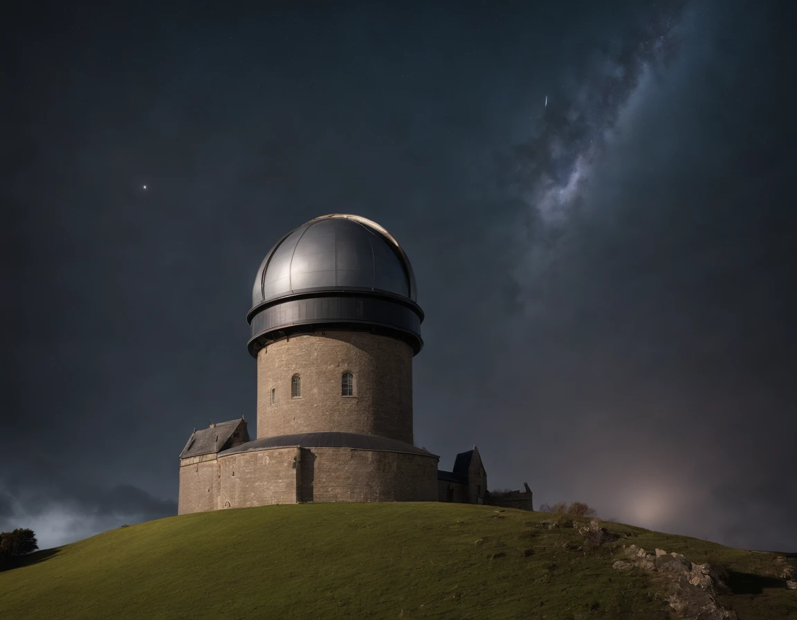 an award winning picture, RAW, Photograph magazine quality, photorealism, picture of a goth castle that a massive planetarium telescope comes out one of its towers, at night, you see the goth castle and (planetarium's telescope: 1.5) an epic sized (telescope: 1.3), many windows, some windows, are lit, the building stands on a grassy hill, the Planetarium is built in a Goth castle, the telescope comes out of one of the towers, its night time and its stormy, there is lightning in the sky, no moon, but many stars in the sky, dynamic background 16K, RAW, ultra wide shot, photorealism, depth of field, hyper realistic,
