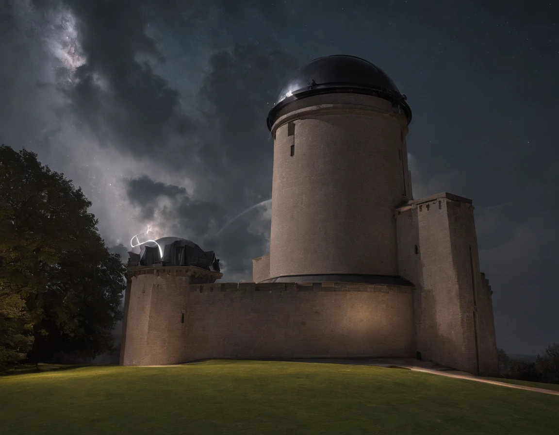 an award winning picture, RAW, Photograph magazine quality, photorealism, picture of a goth castle that a massive planetarium telescope comes out one of its towers, at night, you see the goth castle and (planetarium's telescope: 1.5) an epic sized (telescope: 1.3), many windows, some windows, are lit, the building stands on a grassy hill, the Planetarium is built in a Goth castle, the telescope comes out of one of the towers, its night time and its stormy, there is lightning in the sky, no moon, but many stars in the sky, dynamic background 16K, RAW, ultra wide shot, photorealism, depth of field, hyper realistic,
