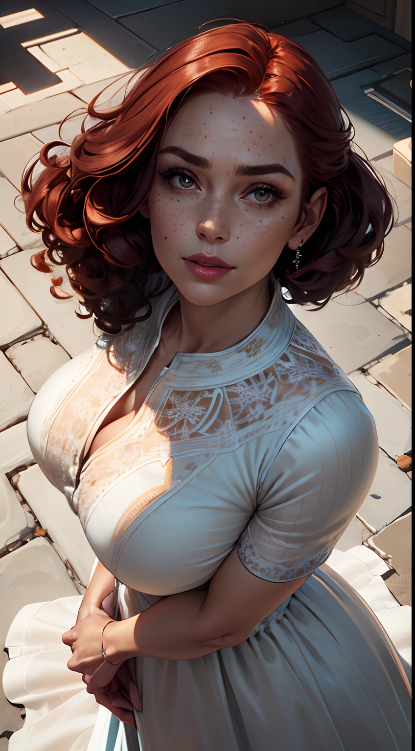 (Detailed face features:1.3), (((1mature woman))), standing wearing a long dress, (looking to the ground, three-quarter posture, close-up photo, face picture), (3/4 pose, top view:1.5), dynamic pose, face photo, 16k, masterpiece, best quality: 1.2), (high detailed skin), (curly red hair), ((freckles, delailed brown eyes, detailed lips)), slim, automatic white balance, (ultra realism, hyper detailed and intricate realism: 1.3), (wide depth of field, radiant mapping: 1.2), High dynamic range, vivid, rich details, clear shadows and highlights, realistic, intense, enhanced contrast, clear outdoor,