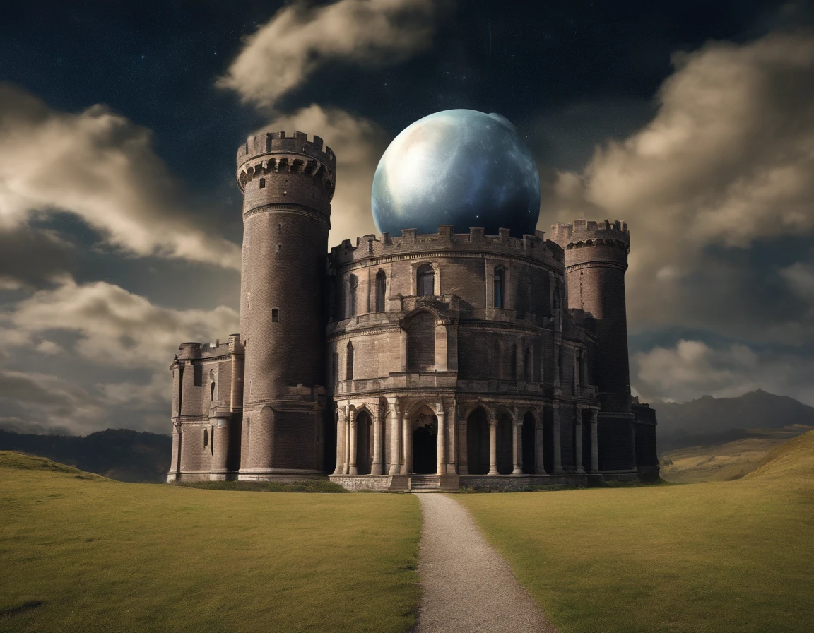 an award winning picture, RAW, Photograph magazine quality, photorealism, picture of a goth castle that a massive planetarium telescope comes out one of its towers, at night, you see the goth castle and (planetarium's telescope: 1.5) an epic sized (telescope: 1.3), many windows, some windows, are lit, the building stands on a grassy hill, the Planetarium is built in a Goth castle, the telescope comes out of one of the towers, its night time and its stormy, there is lightning in the sky, no moon, but many stars in the sky, dynamic background 16K, RAW, ultra wide shot, photorealism, depth of field, hyper realistic,