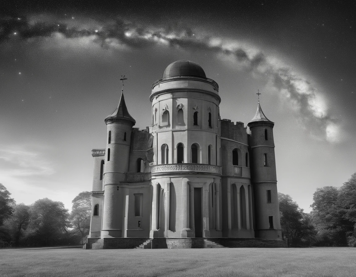 an award winning picture, RAW, Photograph magazine quality, photorealism, picture of a goth castle that a massive planetarium telescope comes out one of its towers, at night, you see the goth castle and (planetarium's telescope: 1.5) an epic sized (telescope: 1.3), many windows, some windows, are lit, the building stands on a grassy hill, the Planetarium is built in a Goth castle, the telescope comes out of one of the towers, its night time and its stormy, there is lightning in the sky, no moon, but many stars in the sky, dynamic background 16K, RAW, ultra wide shot, photorealism, depth of field, hyper realistic,