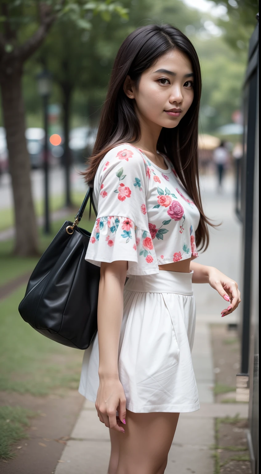Capture the simplicity of a casual park stroll with the Malay girl wearing comfortable yet chic park attire, with a focus on her petite body and the natural beauty of the park surroundings