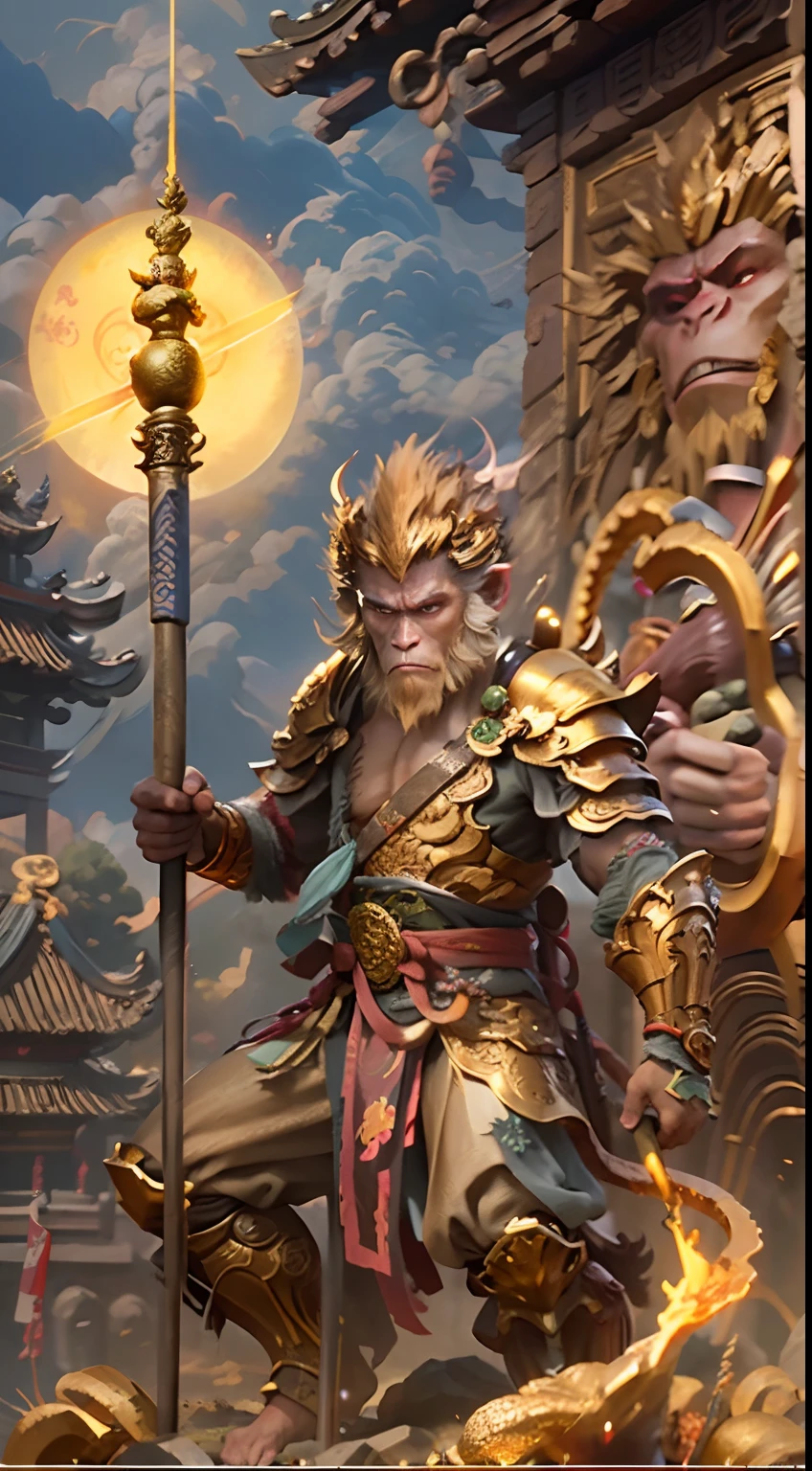 Highly detailed Monkey King,He was holding a golden stick,Golden fire eyes,The background is a huge golden halos,ancient Chinese style mythology,Buddhist mythology,Taoist mythology,divino,devout,worship,Cloud fog,globalillumination,The picture is bright,high high quality,Best quality at best,Realiy,Super realistic,super detailing,tmasterpiece,A high resolution,8K,Very realistic,Anthropomorphic Xiuxian male monkey man,Golden-scaled armor, Flame armor,Fire-eyed golden eyes Bright and brave,A male monkey holds a gold stick and an anthropomorphic close-up, Oriental ancient armor, 火焰, Golden rod,Clouds of flame under your feet,Epic fantasy digital art style, Monkey king, evil knight, dan mumford tom bagshaw, dark fantasy style art, Epic fantasy art style,Monkey king, dark fantasy art style, 火焰, Epic fantasy art style HD, dark fantasy digital art,Artistic image type,Perched on the top of the ancient city of the East, Sun Wukong investigates the vast Forbidden City below. Golden rod, Contrast his technically enhanced body,Golden sticks and retractable technological weapons shine brightly. In a striking pose, He seems ready to act, Ancient legends,Journey to the West characters, Excellent location,Earthscape, (Vibrant golden glow:1.5), (Digital painting:1.25), (4K:1.2). environment: panoramic view of a city,Create an image of the enormous golden staff, towering over Sun Wukong, as he holds it effortlessly. The staff's surface shimmers with celestial energy, and it appears both powerful and adaptable.
