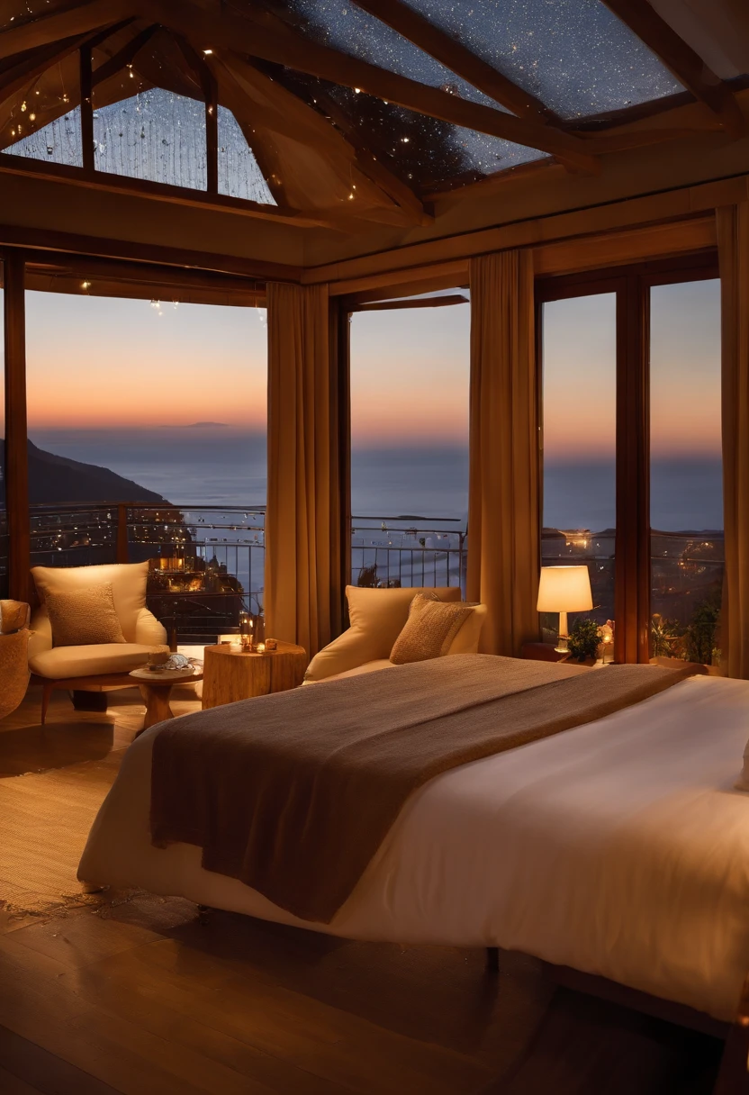 Crie uma cena de relaxamento em um quarto de hotel de madeira no inverno, com uma atmosfera luxuosa e aconchegante. Imagine um quarto aquecido por uma lareira, elegantemente decorado, with a king-size bed and a stunning view of the winter landscape with snow falling outside. Let your creativity flow and capture the tranquility and comfort of this enchanting setting