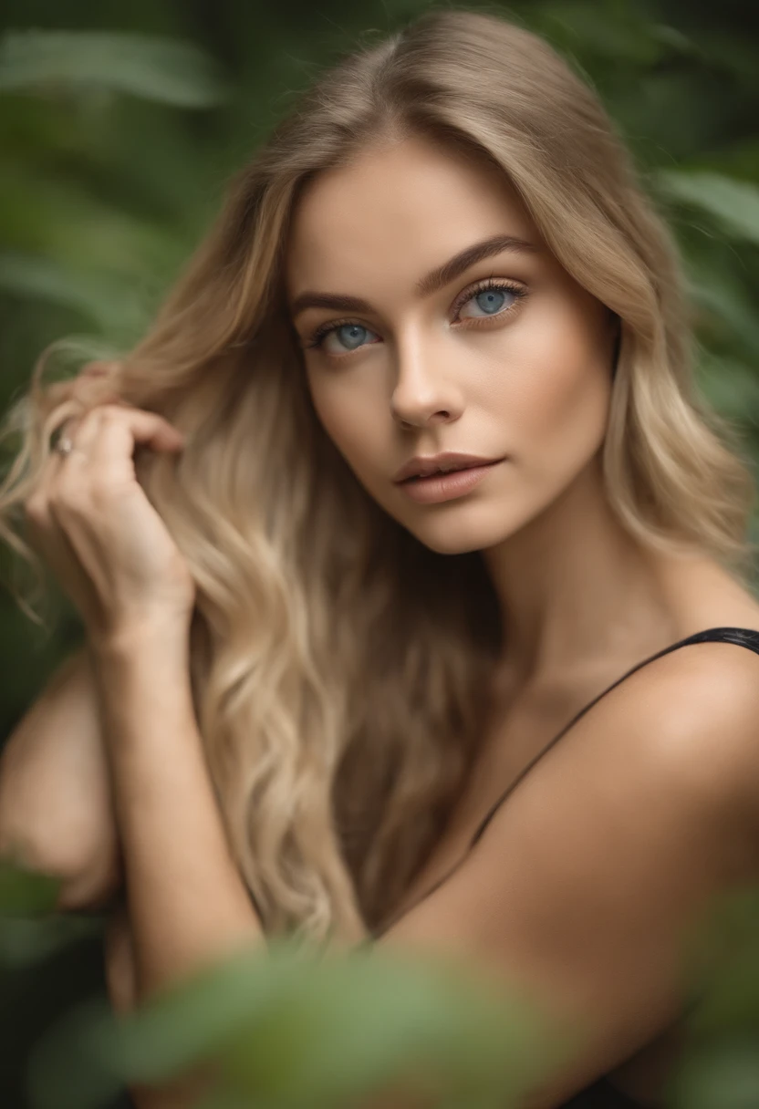 Woman with tank top , fille sexy aux yeux bleus, Portrait Sophie Mudd, Portrait de Corinna Kopf, cheveux blonds et grands yeux, selfie of a young woman, ohne Maquillage, maquillage naturel, Look directly into the camera, Visage avec Artgram, dezentes Maquillage, Superbe photo du corps entier, dans la foret, gros seins, Blonde,