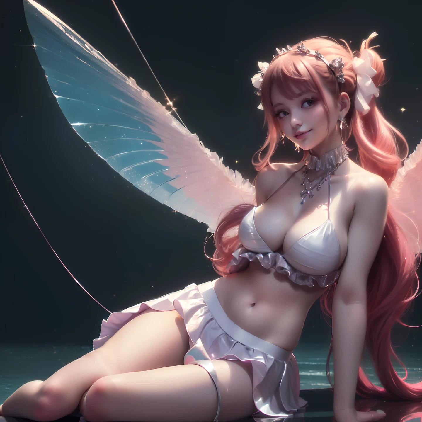 ((On top a lumionous platform)) is a beautiful ((smiling) girl long with plaited Sliver twin ponytail crystal earrings, bangless, pink and white leather ruffle skirt, attached to a straps going across her belly up to her strappes bikini top, straps attached to the bikini stop wraps around her arms,