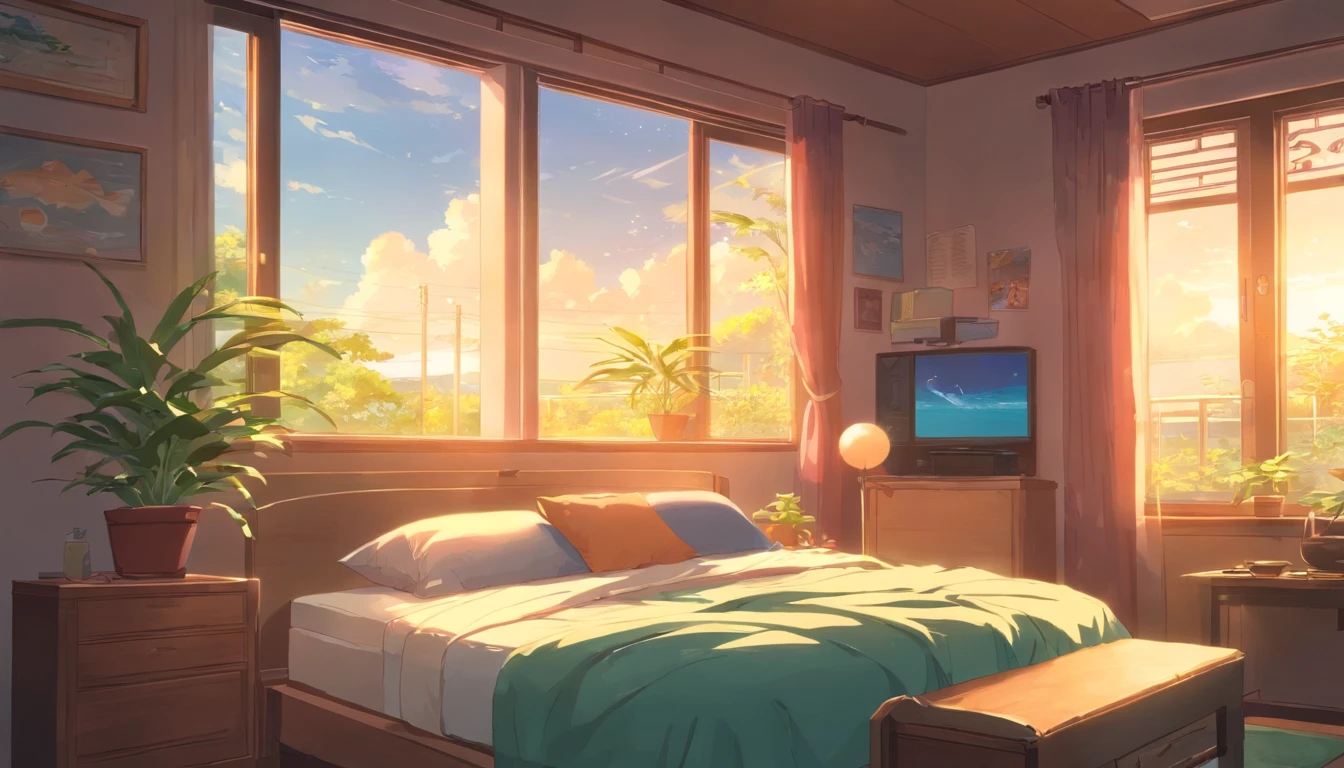 Menino de 18 anos dormindo na cama em seu quarto、Vestindo uma camiseta com um design de carpa、In the room there is a pond with carp、A photo of the first time I caught a carp is included in a picture frame.、Oil painting with a huge carp on the wall