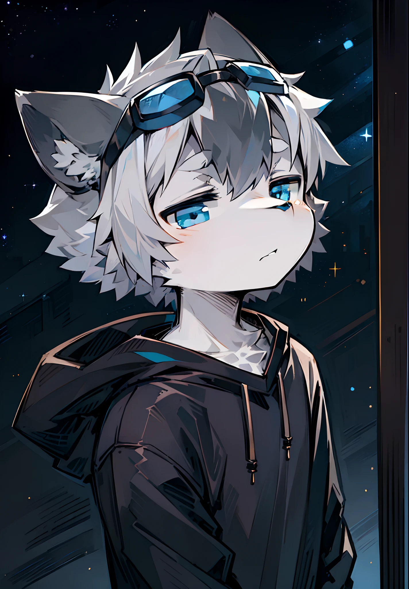 Beast too,Light gray hair,sideface,head portrait,Dark blue-gray fur,Deep dark black blue eyes,Melancholy Look,Grey design sweatshirt,Background of dark starry sky,big headed,fica sozinha,Shota,The bangs are dyed dark black gray,Black ears,
