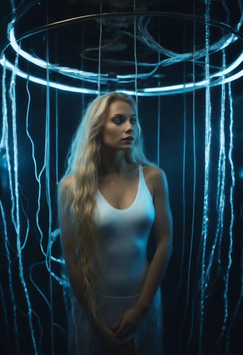 The photo of realistic human woman with long blond hair white skyn floating inside a cilindric water tank connected to electronic cables, her body illuminated by fluorescent lights.