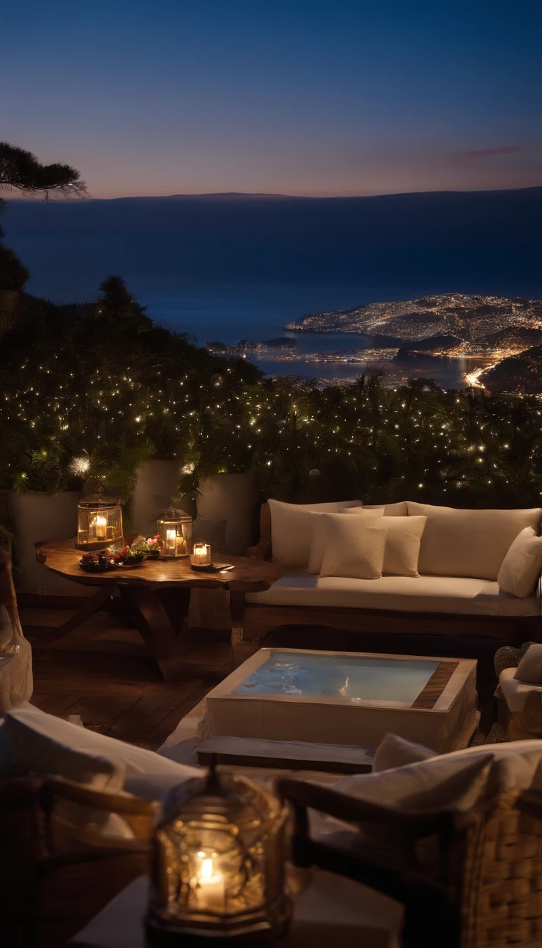 Crie uma cena de relaxamento em um quarto de hotel de madeira no inverno, com uma atmosfera luxuosa e aconchegante. Imagine um quarto aquecido por uma lareira, elegantemente decorado, with a king-size bed and a stunning view of the winter landscape with snow falling outside.  Let your creativity flow and capture the tranquility and comfort of this enchanting setting
