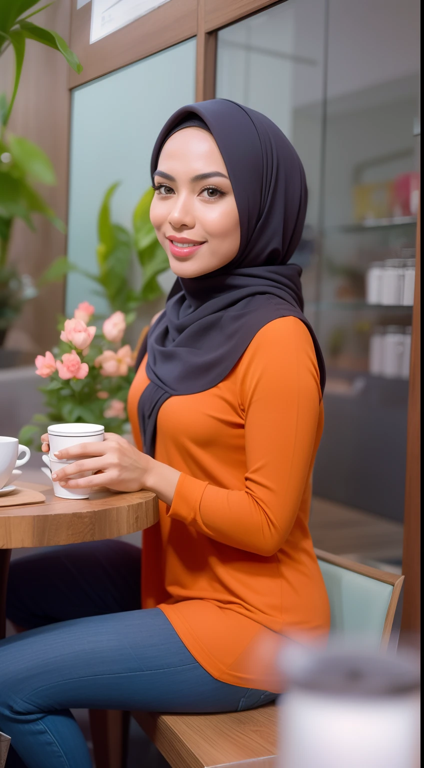 Design a stylish café scene with the Malay girl, dressed in a fashionable casual outfit, enjoying a cup of coffee at a trendy café, highlighting her petite frame and her outfit's attention to detail