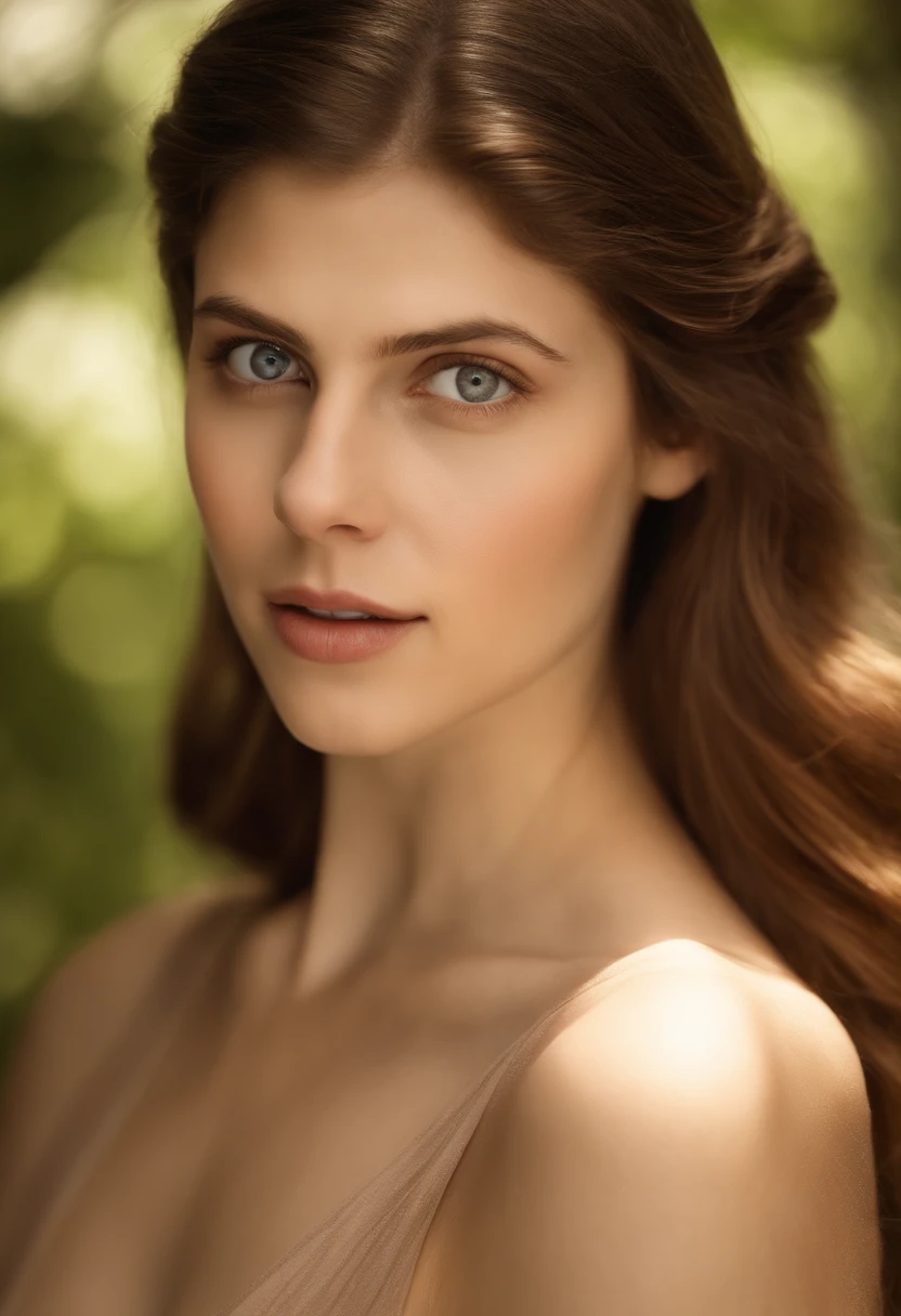full body portrait of a stunningly beautiful student Alexandra Daddario without make-up, 17 years old, /(perfect and detailed hands, fine fingers, perfect and highly detailed eyes, perfect face, perfect and athletic body,), /(long light brown hair in ponytail, triangular face, perfect brown eyes, shapely legs, hourglass body, sexi,), naked, extremely detailed light hazel eyes, detailed symmetric realistic face, extremely detailed natural skin texture, peach fuzz, masterpiece, absurdres,