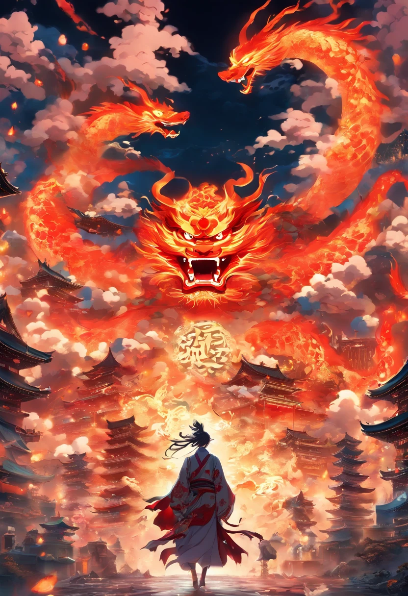 China-style,中景 the scene is,The Taoist priest stood in front of the huge fire phoenix,Stretch your hands,Long messy hair,Glow effects,Hyper-realistic,Ultra photo realsisim,Chinese black and white ink style,Silver,Decolorization,Smudge,ink,8K,super-fine,high qulity,OC renderer
