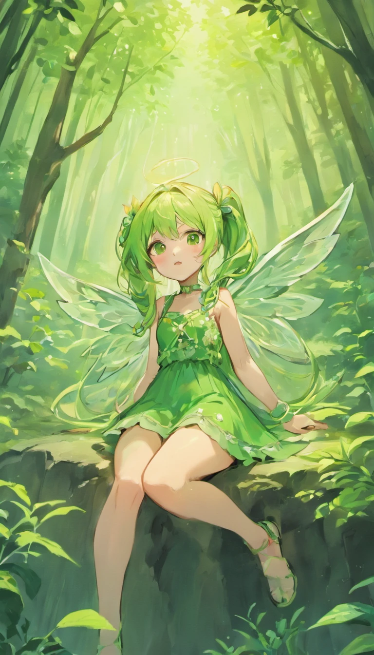 sit pose on rock, good anatomy, ultra detailed illustration of cute anime fairy girl, Oneesan, wearing small cute green dress, pigtails long hair, pink hair color, soft green fairy wing on back, MSchiffer, manga, anime, teenager, round figures, ink lines, kawaii style, green forest background, kawaii faces, (short dress:1.1)