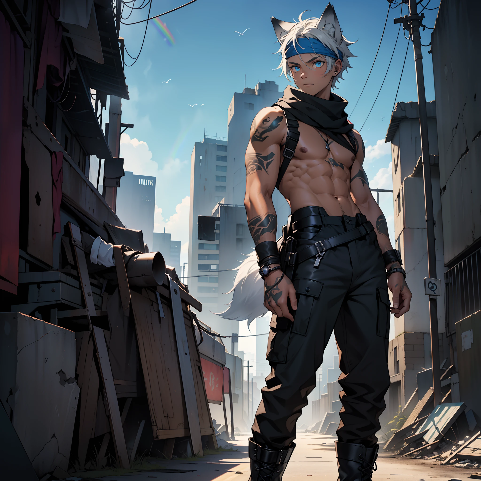 very young boy, ((solo, alone)), ((wearing black military boots)), ((small waist)), ((he is leaning back)), ((rainbow multicolour palette)), has body hai, ((dark tanned skin)), short cropped white hair, ((has wolf ears)), ((has wolf tail)), he is standing in a ruined city at night, wearing skintight black military pants low on his hips, harness, shirtless, has glowing blue eyes, covered in tattoos, wearing bandana and leather wrist bands