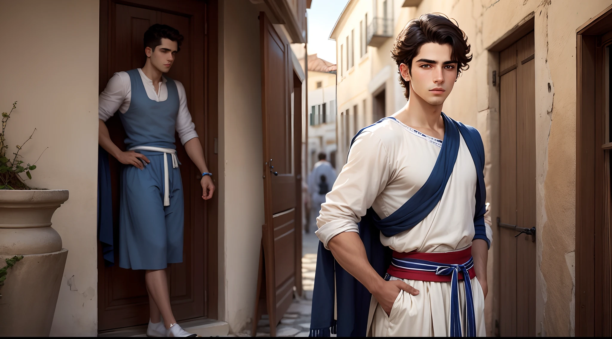 An young greek man from the anciet greece, using characteristic clothes